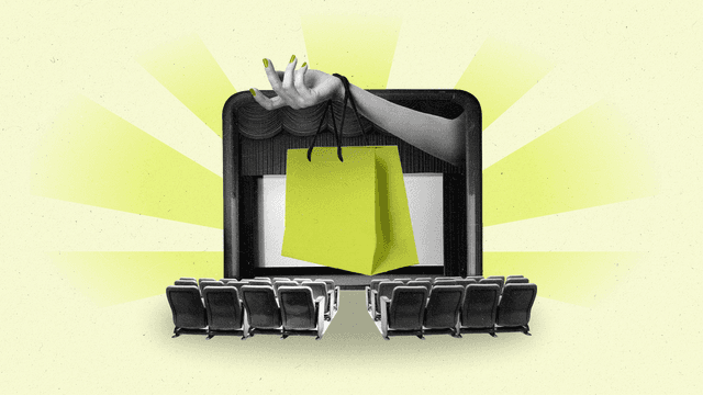 Movie theater with curtain and seats and a hand reaching out from the curtains holding a yellow shopping bag.