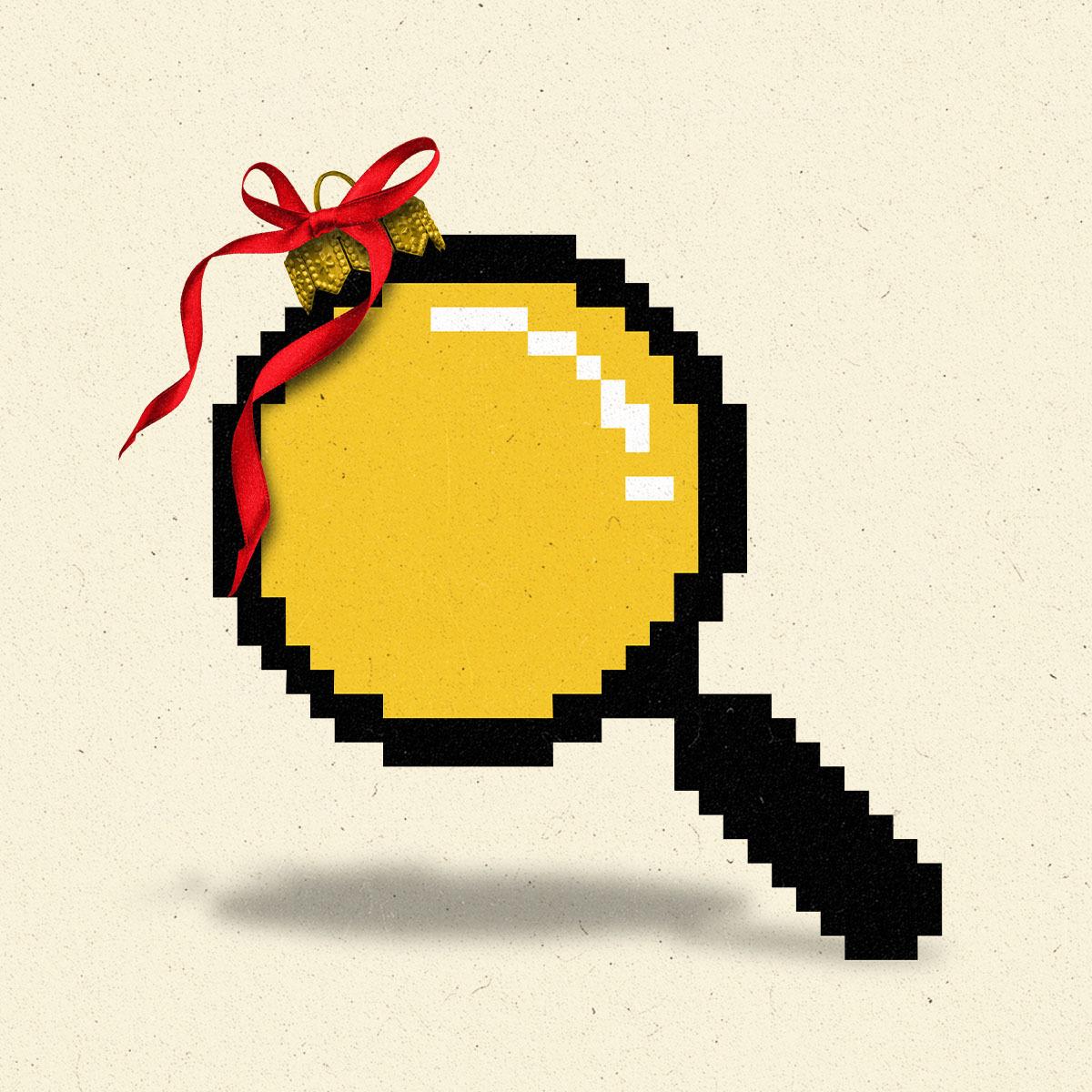 Pixellated magnifying glass doubling as a Christmas bauble.