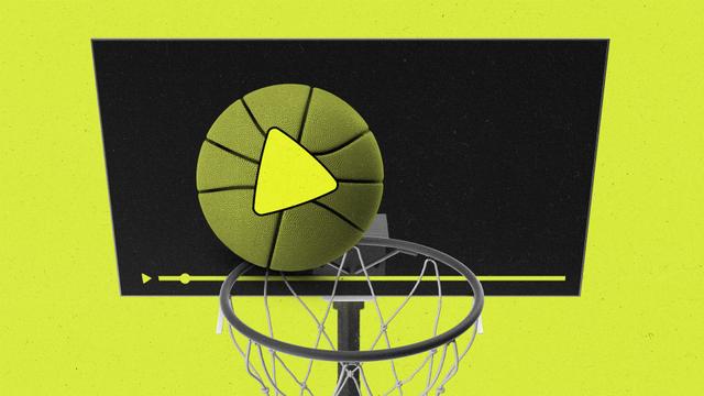 A basketball with a play button being thrown into a basketball hoop with a TV backboard.