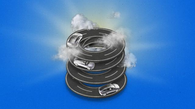 Cars driving up a corkscrew road with a sun rising behind it.