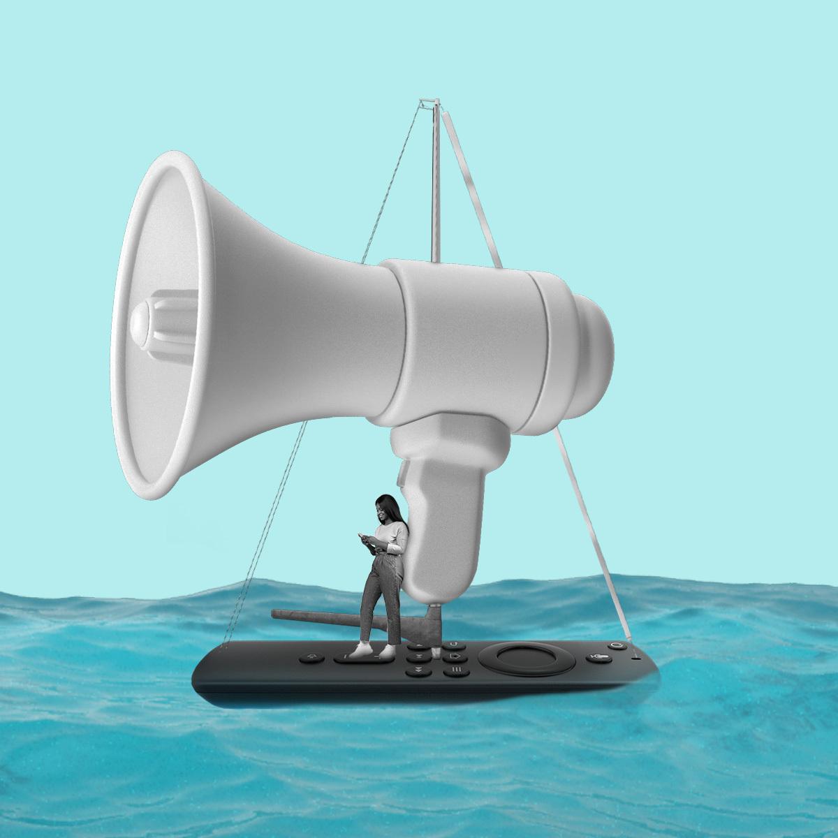 A boat that looks like a CTV remote with a speaker as sails floats on water.