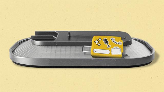 A baggage carousel with a single luggage, decorated with stickers of a search bar, AI stars, podcast microphone, and em dash.