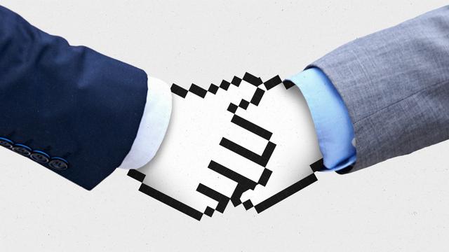 Two hand-shaped pixellated cursors emerging from suit sleeves, shaking hands.