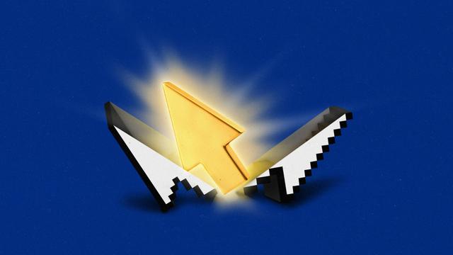 A pixellated cursor cracked in half to reveal a glowing, golden 3-d cursor in the center of it.
