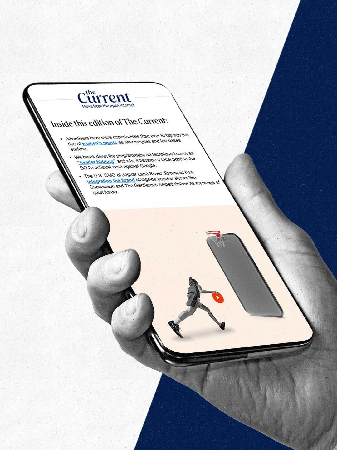 Hand holds a phone with The Current newsletter showing on the screen.