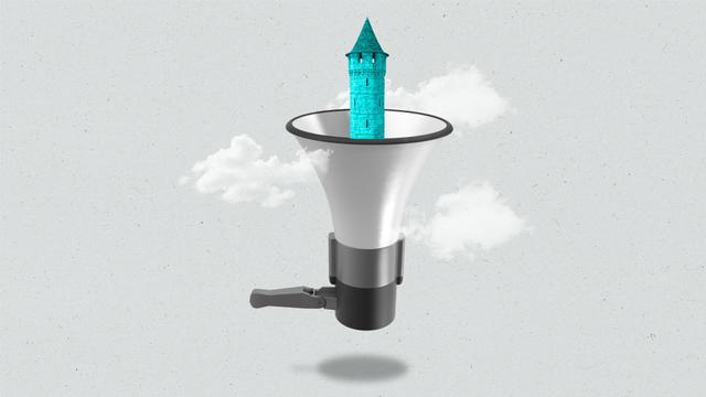 A megaphone floating in the sky with a castle tower in the center.