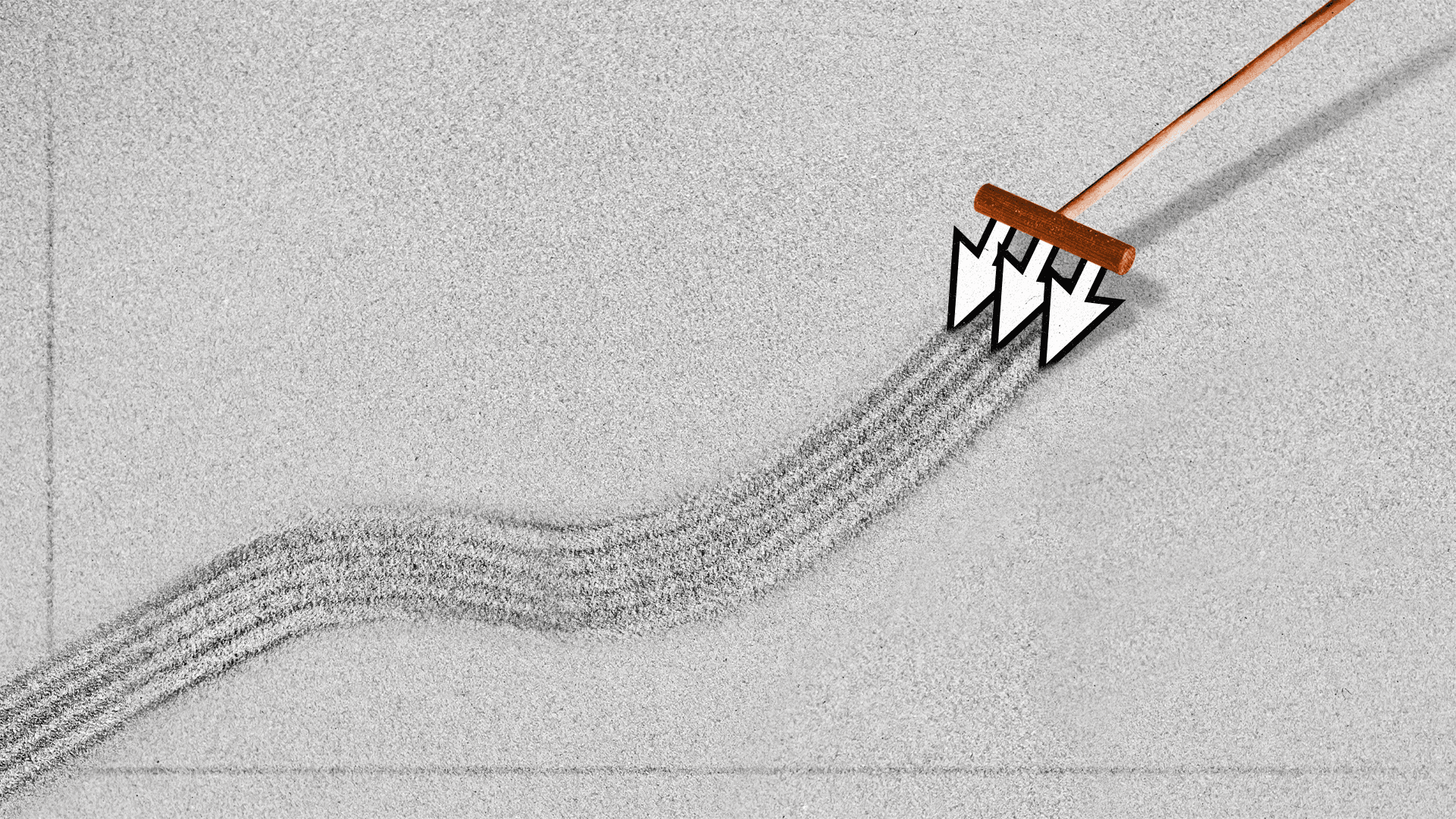 Zen garden shows a rake with mouse cursors drawing a pattern of a graph trending upwards.