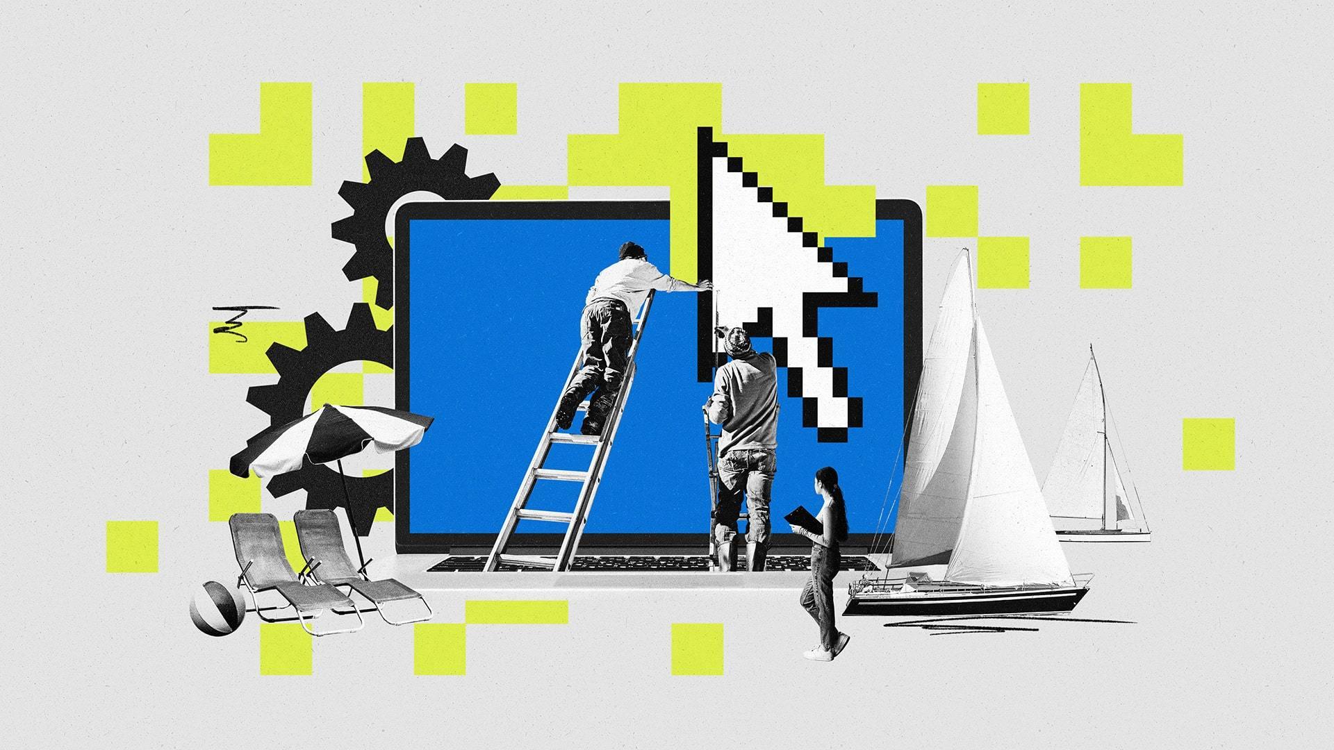 Two men on ladders affix a large cursor on a laptop amidst yachts, beach chairs, gears and oversized pixels.