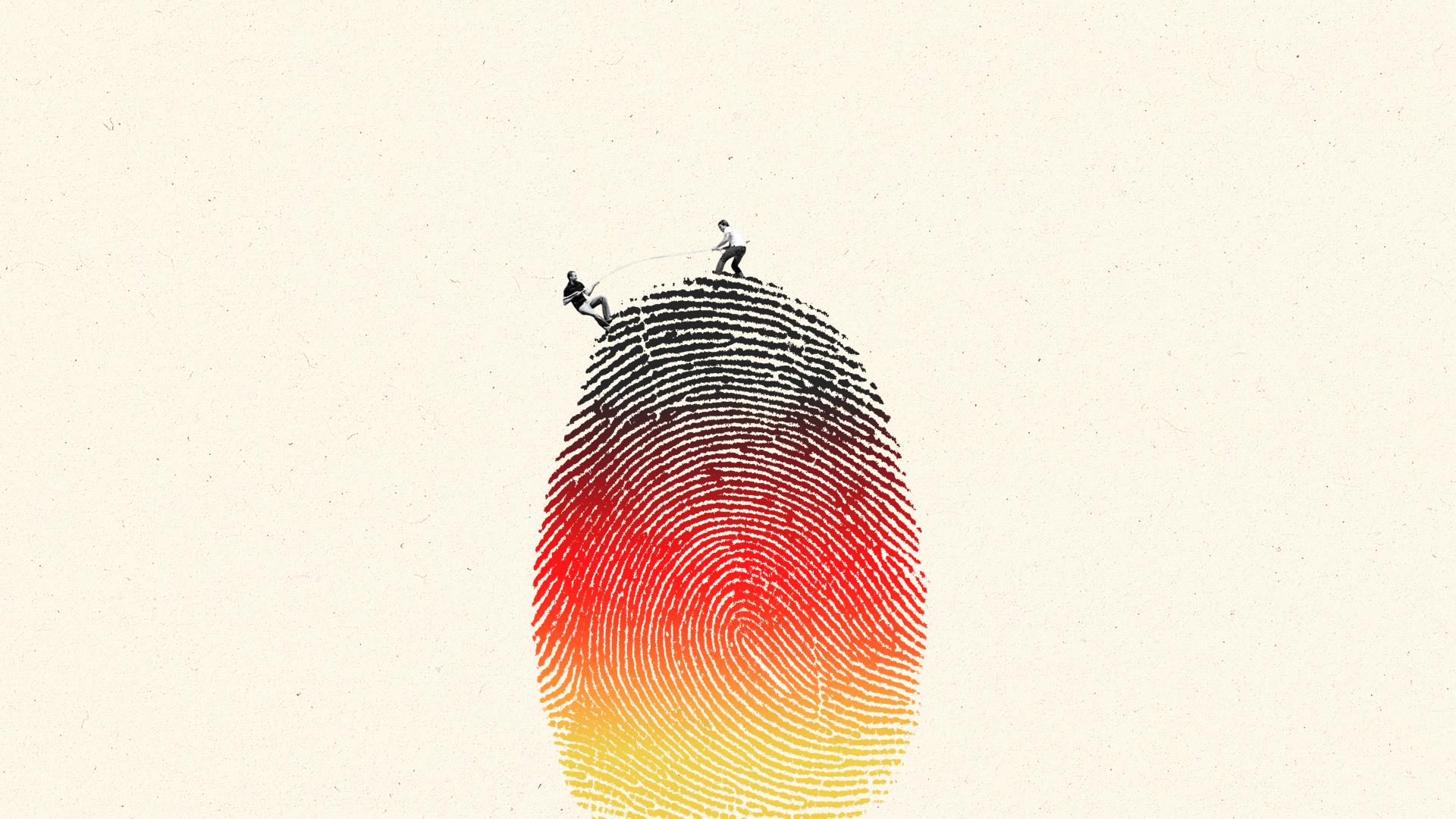 two miniature figures climb across a fingerprint shaded like the German flag