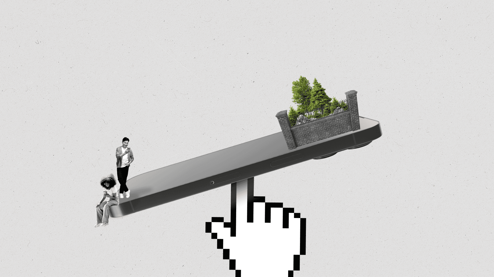 A phone balancing on a cursor between users on their phones and a walled garden.