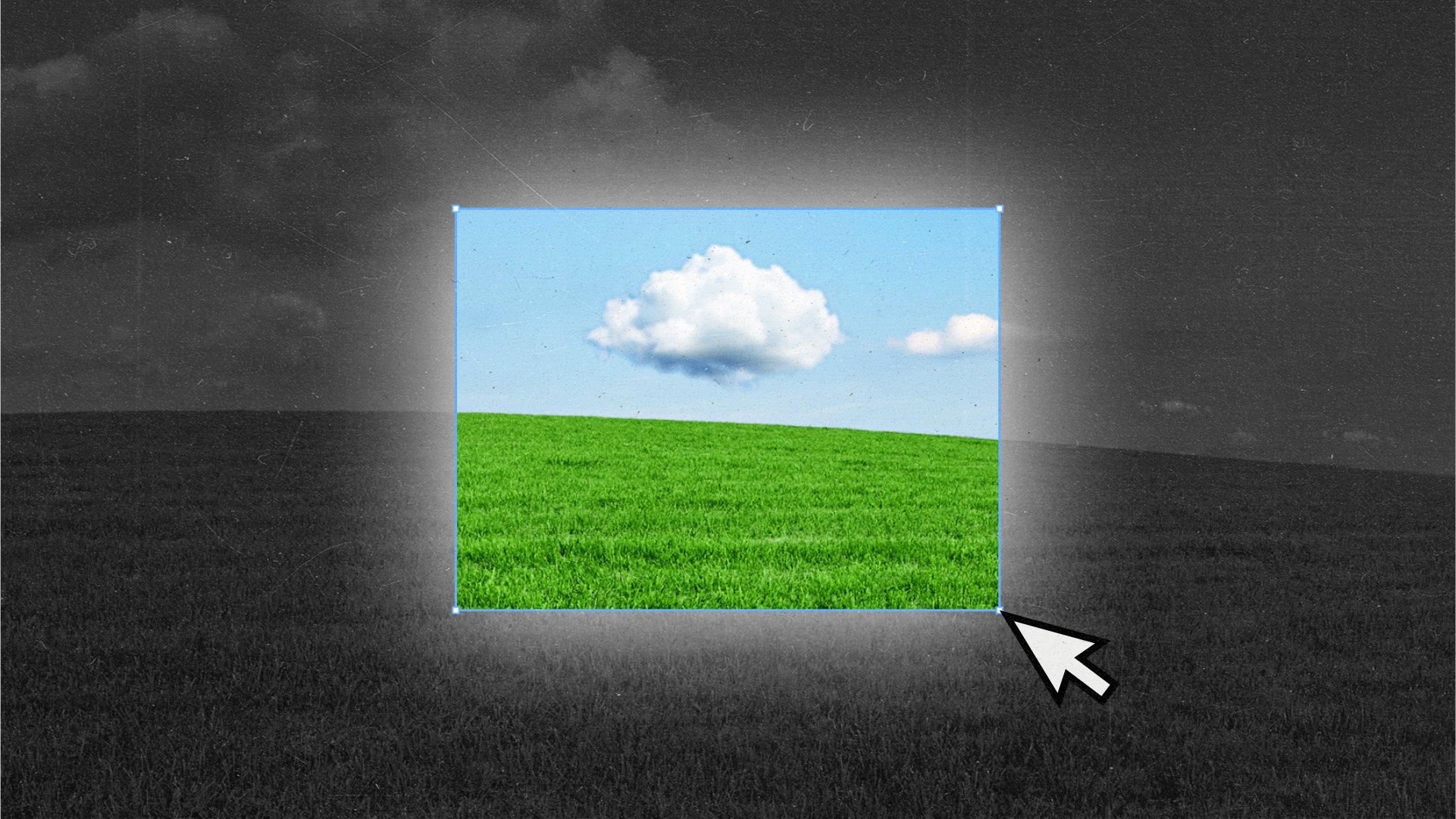 A cursor draws a window revealing a vibrant grassy hill with clouds.