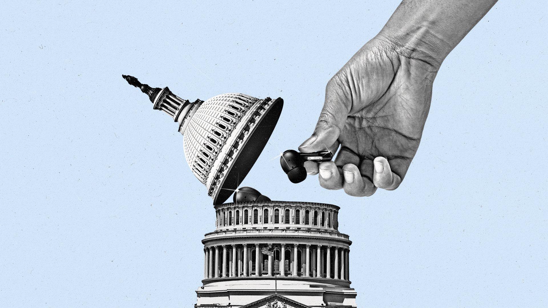 A hand reaches for a bluetooth earbud from a case shaped like the US capitol.