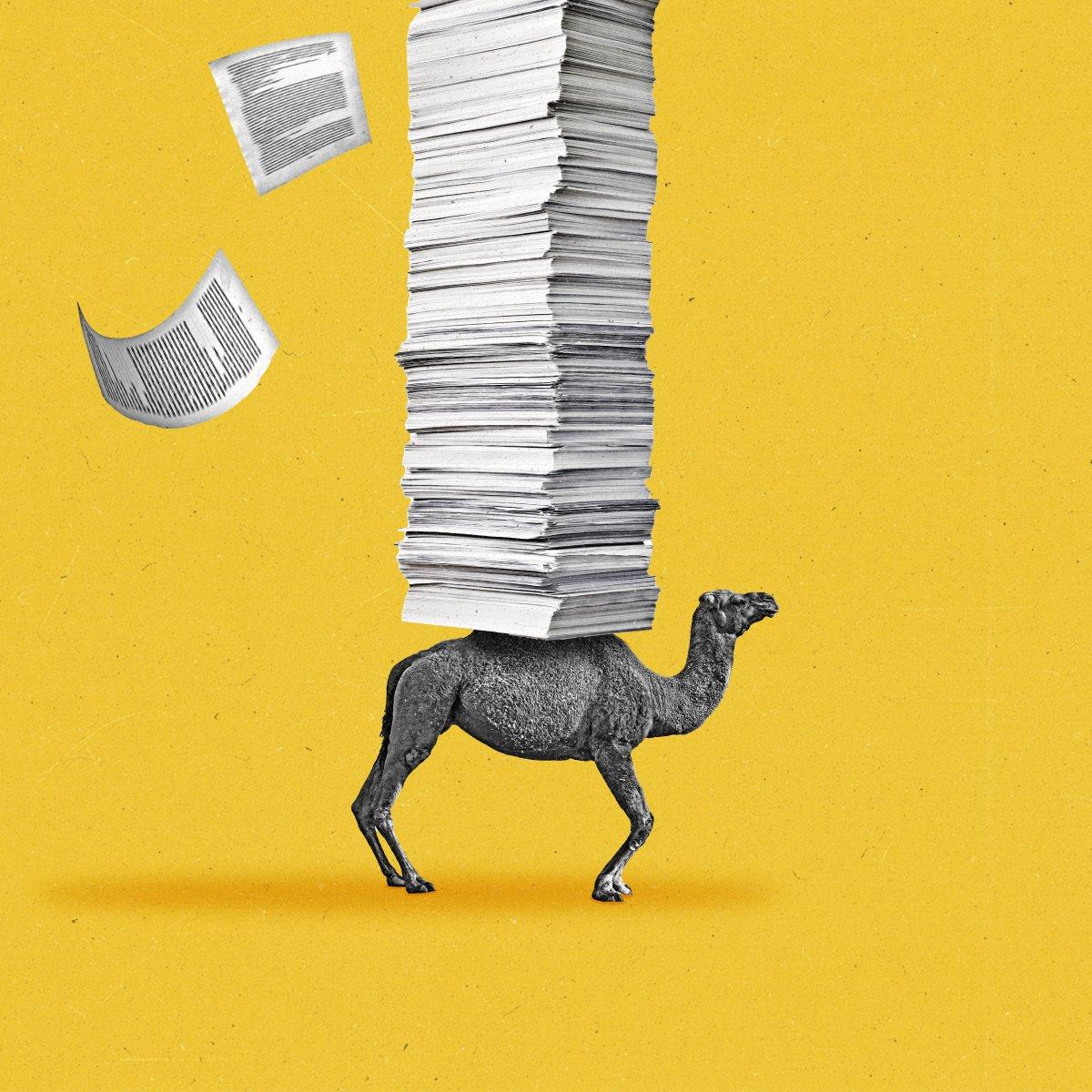 A camel struggles under the weight of oversized legislative papers.