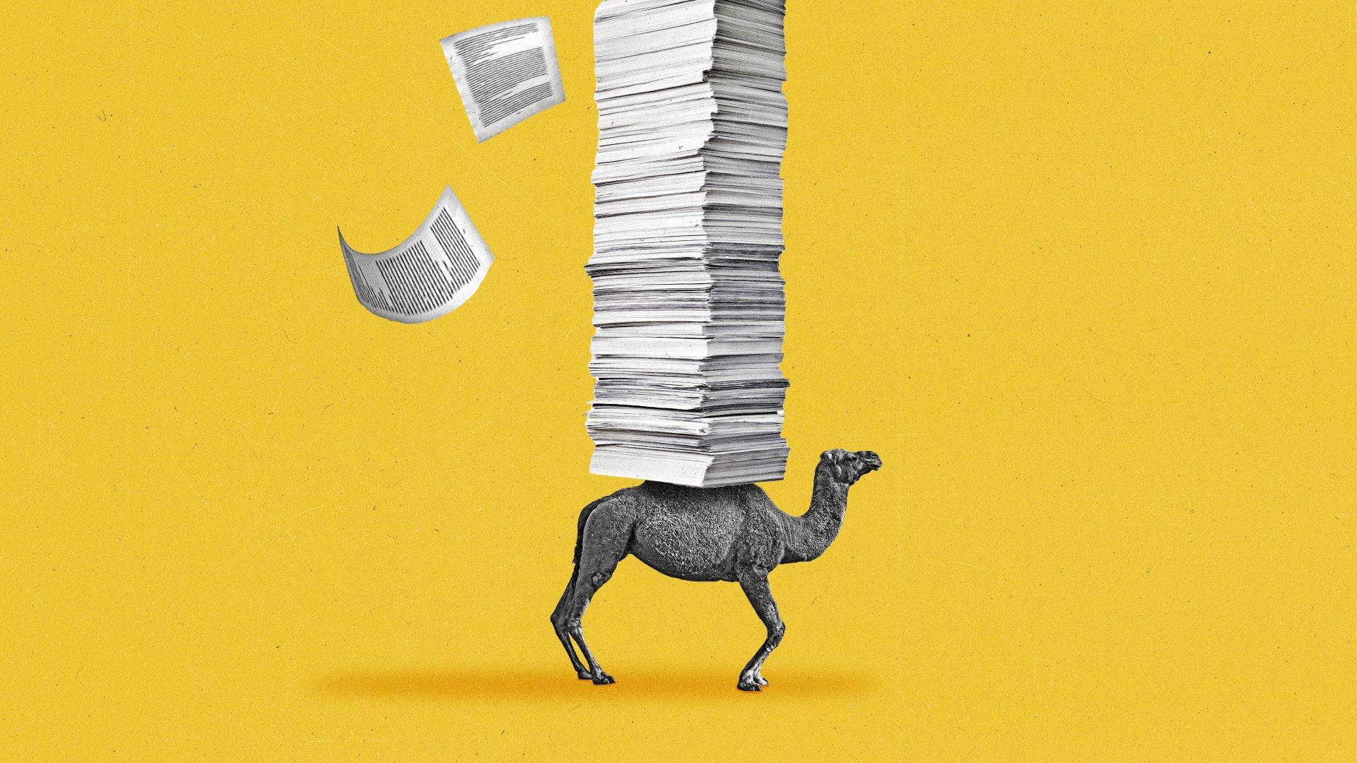 A camel struggles under the weight of oversized legislative papers.