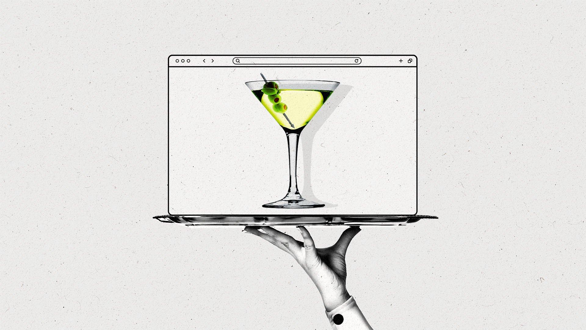 A hand holds a platter holding a martini in a browser window.
