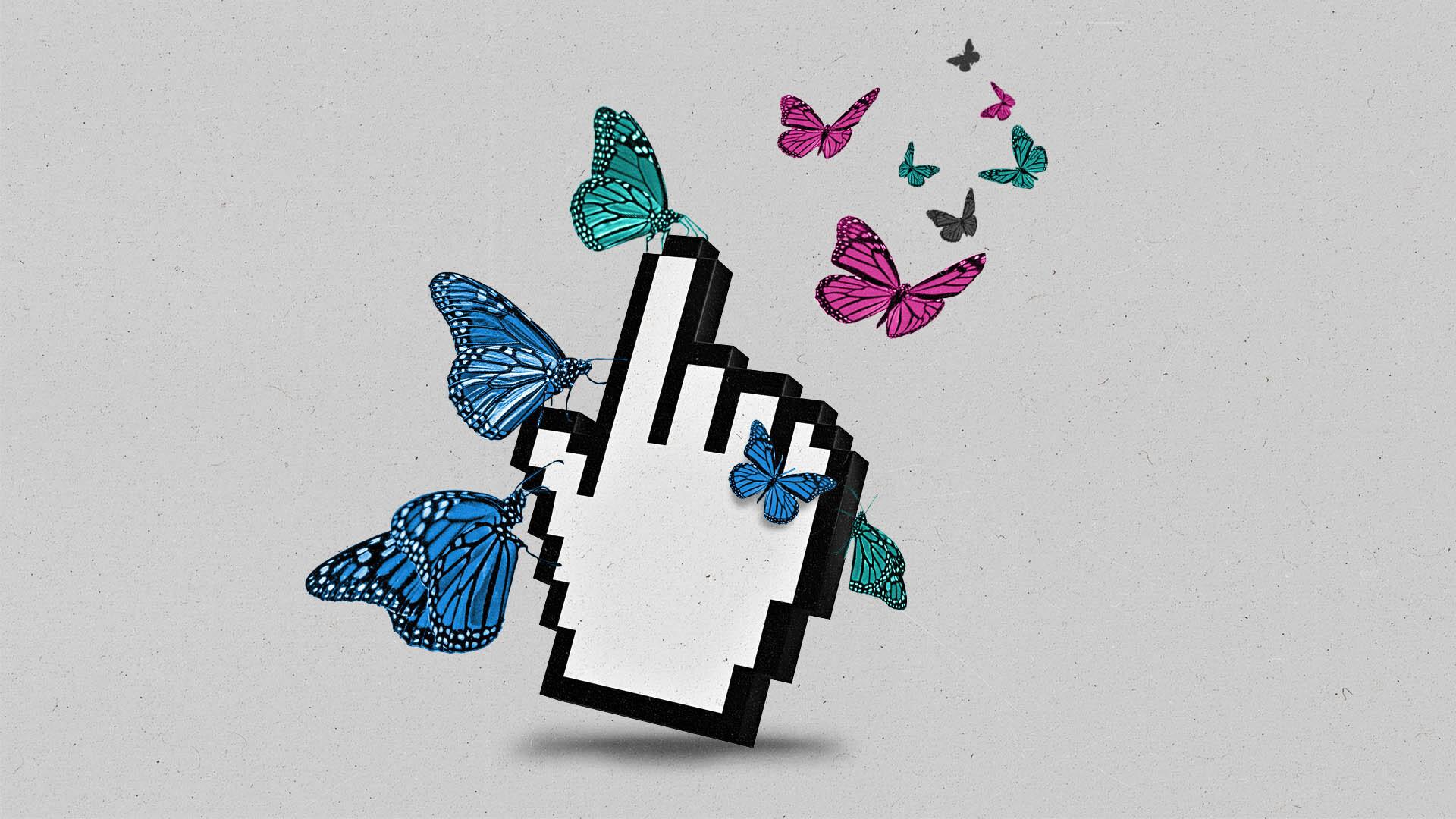 Pixellated cursor hand tipping forward, with butterflies landing on it.