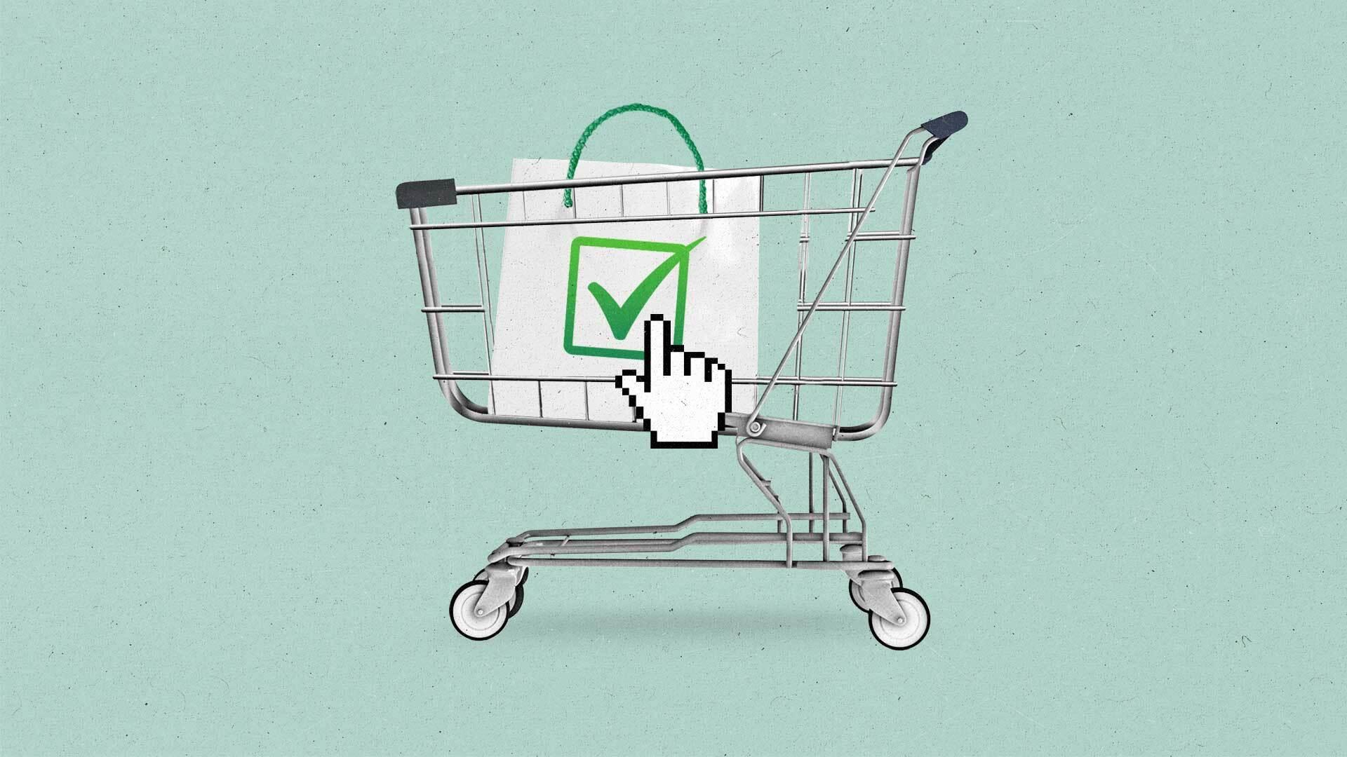 A door on a shopping cart opened by a cursor reveals a shopping bag with a checkmark on it.