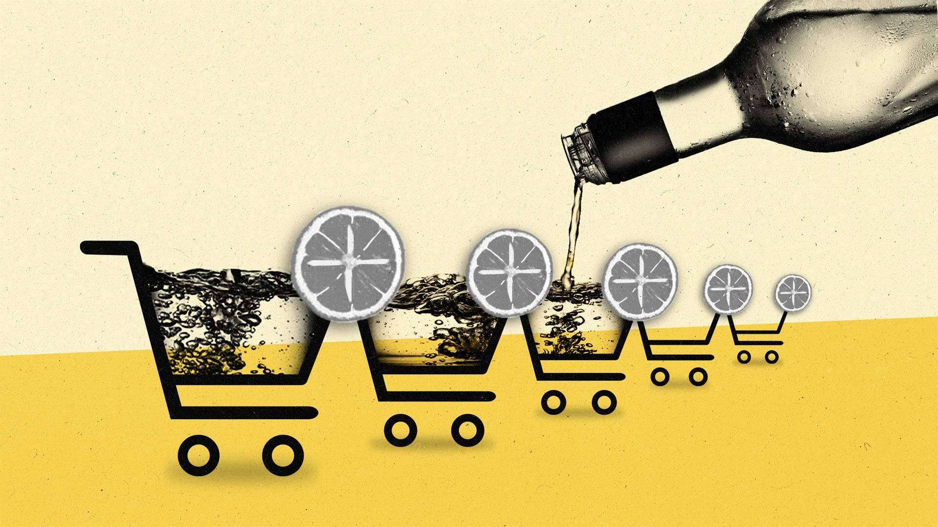 Illustration of bottle pouring into shopping cart shot glasses, each adorned with lemon wedges showing a plus icon.