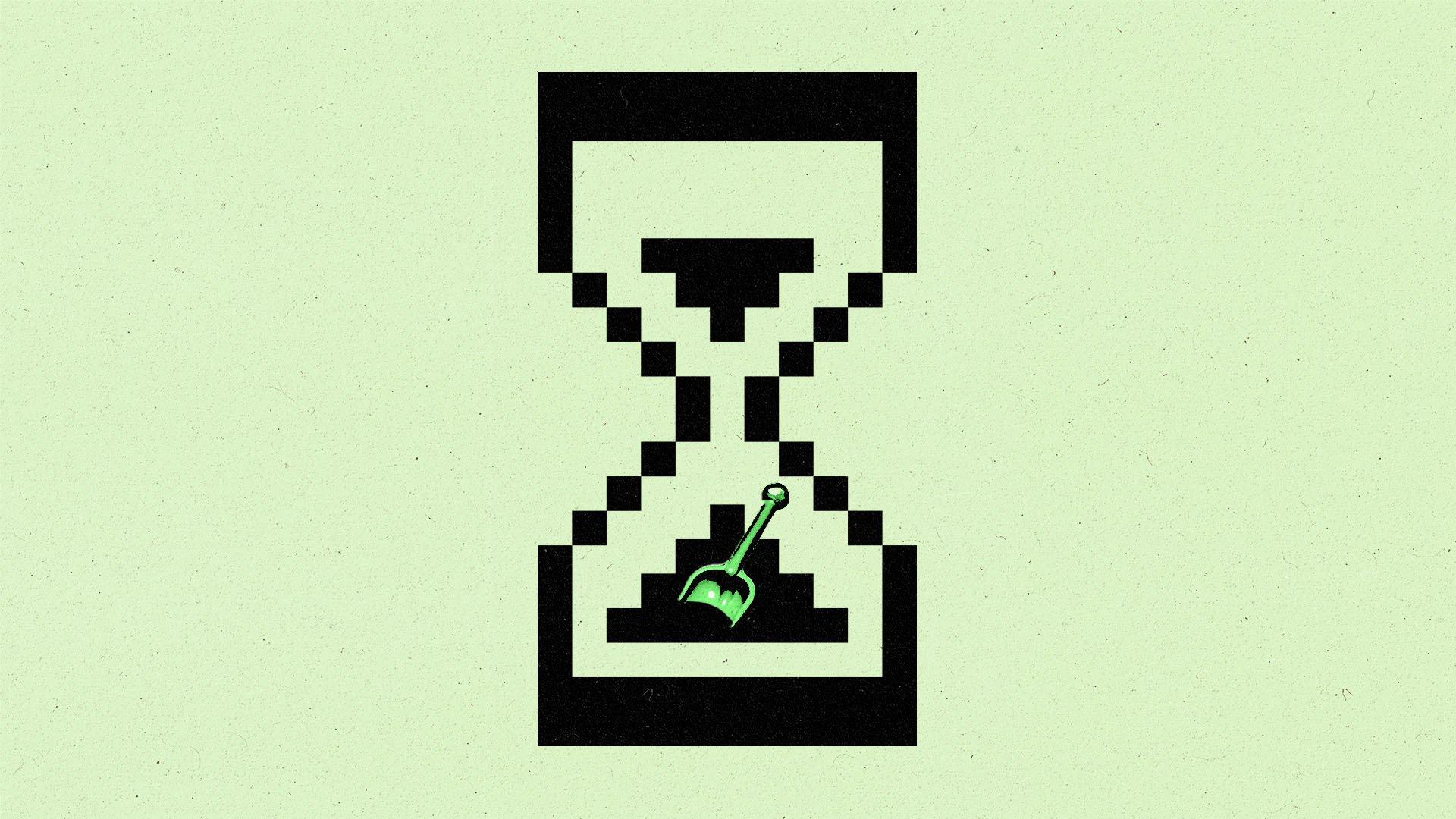 A large pixel hourglass icon with a toy spade embedded in the sand of bottom half