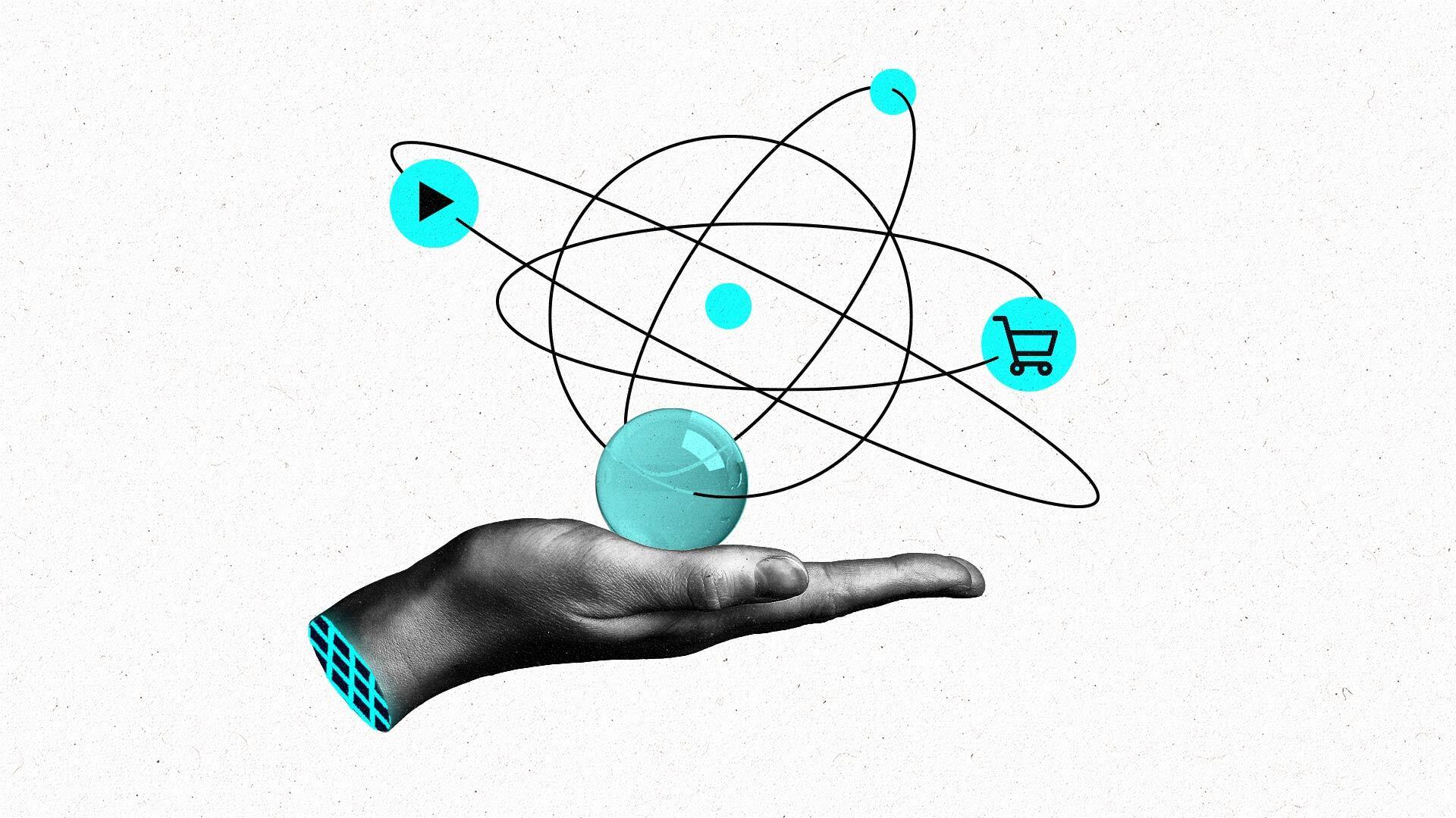 A hand holds a neutron symbol with a play button and shopping cart image.