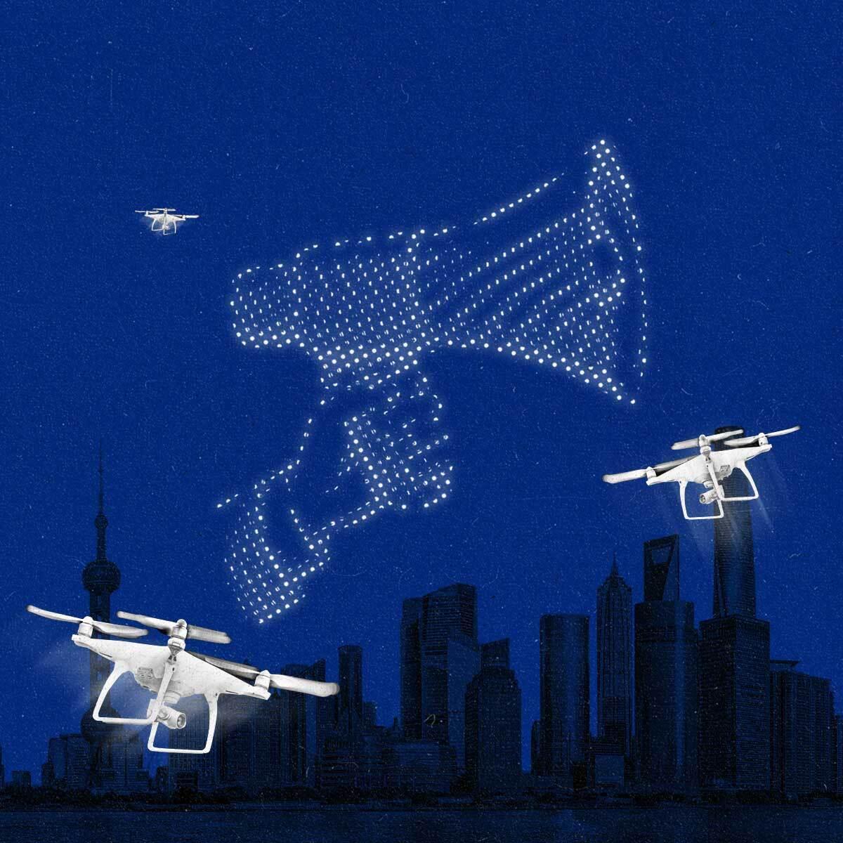 Illustration of drones flying over a city with a midnight sky and a hand holding a megaphone in the middle