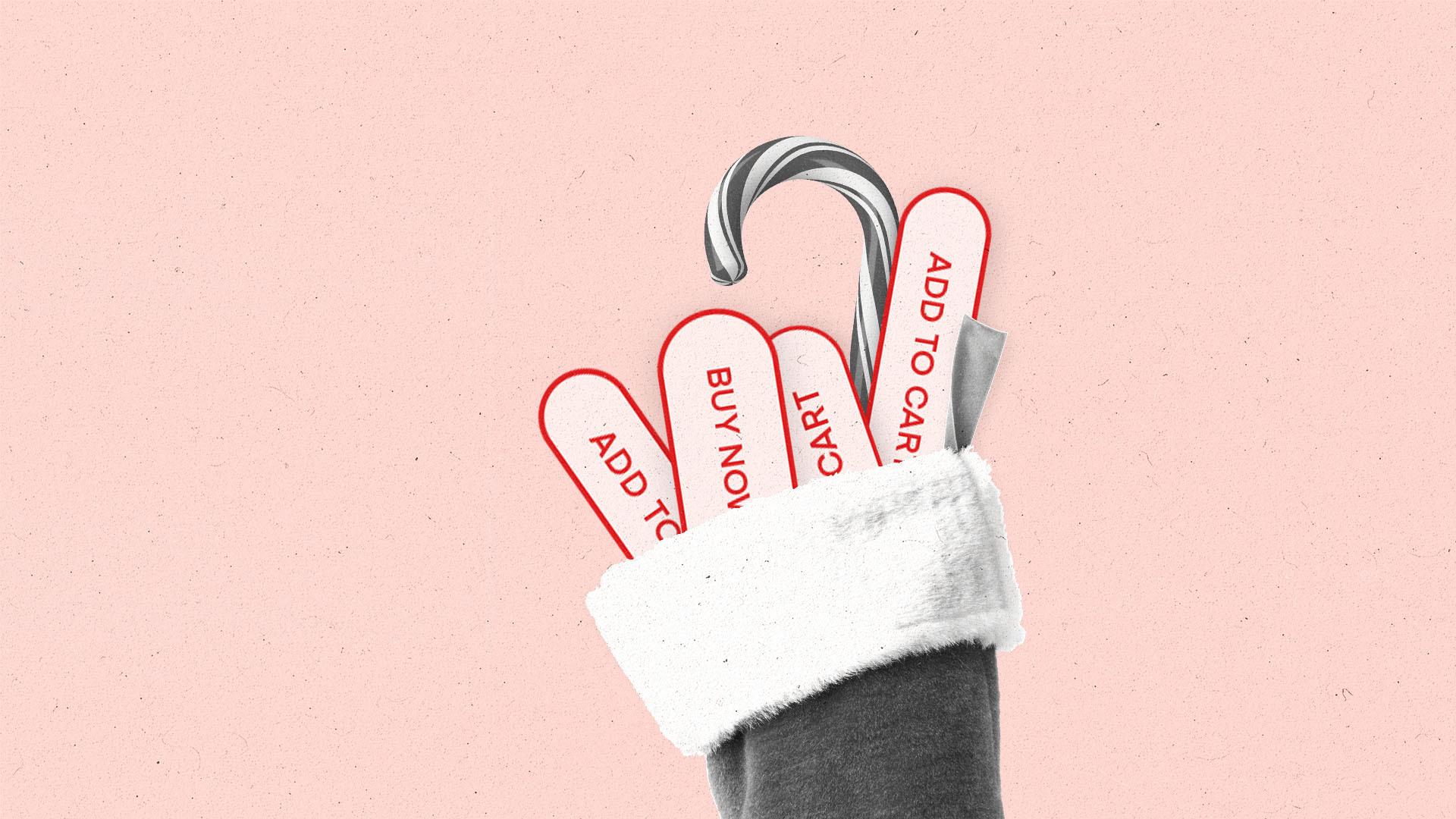 A christmas stocking full of “buy now”, “add to cart” buttons, and a candy cane as stocking stuffers.