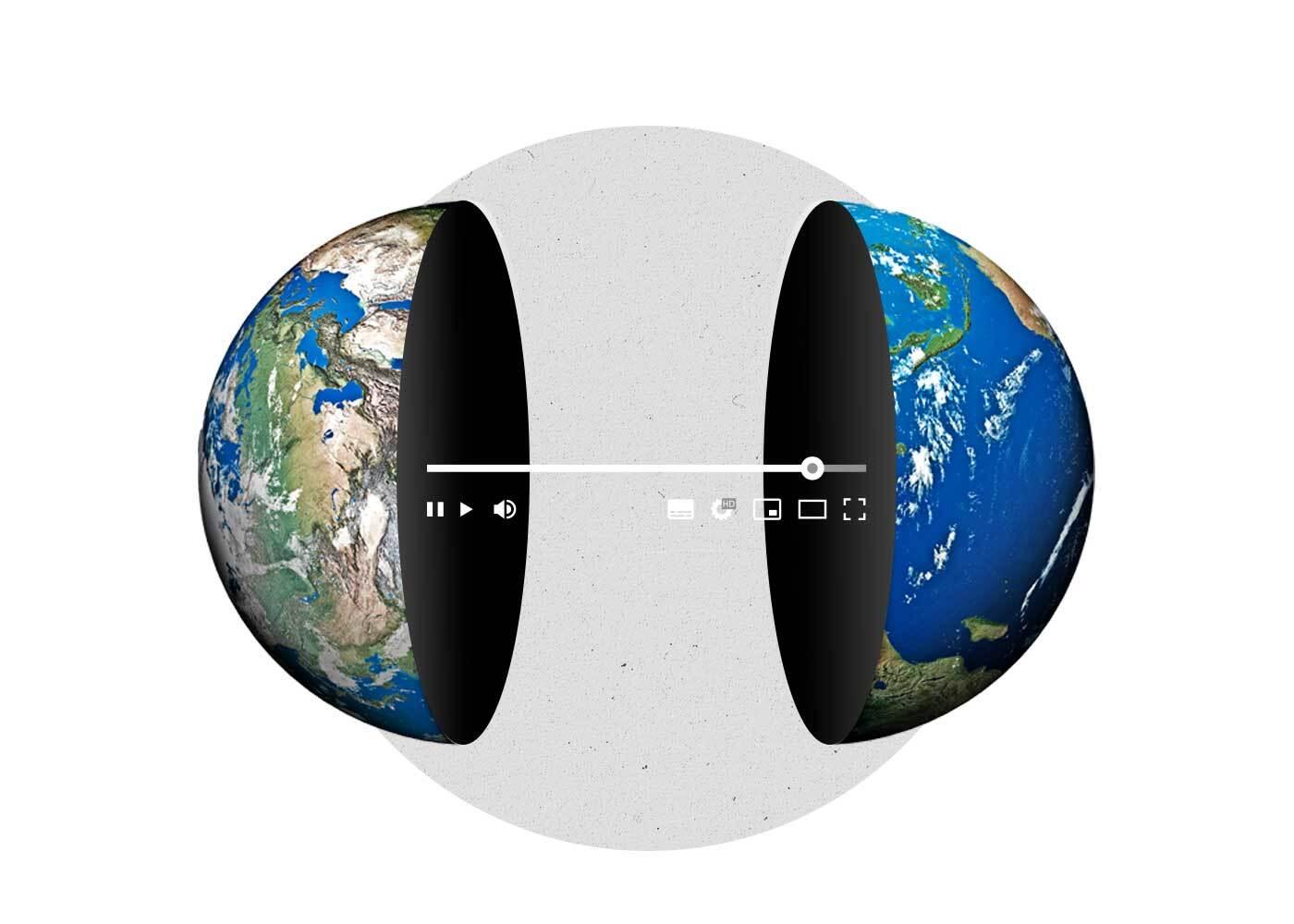 Globe split in half with a video pause/play bar in the middle of the globe.