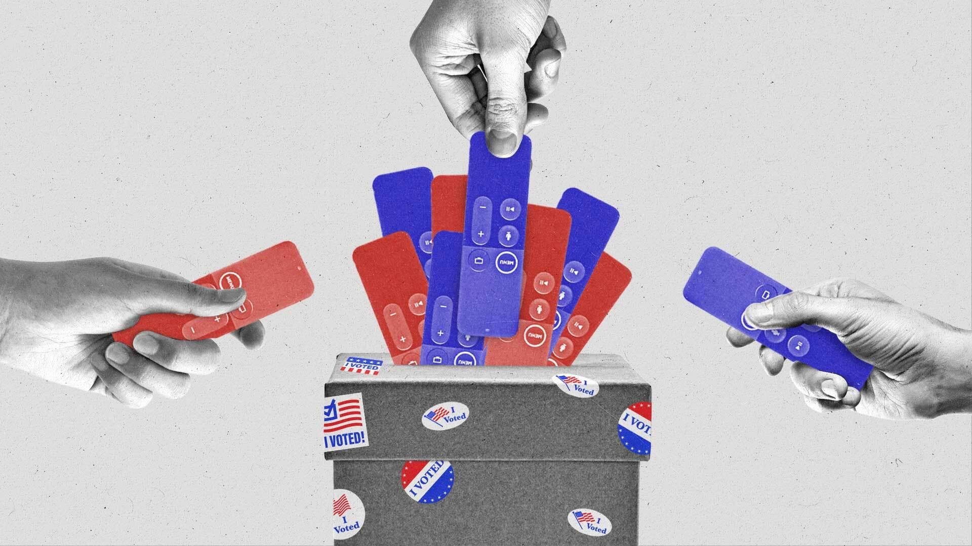 A hand stuffs red and blue connected TV remotes into a ballot box as hands point remote controls at eachother.