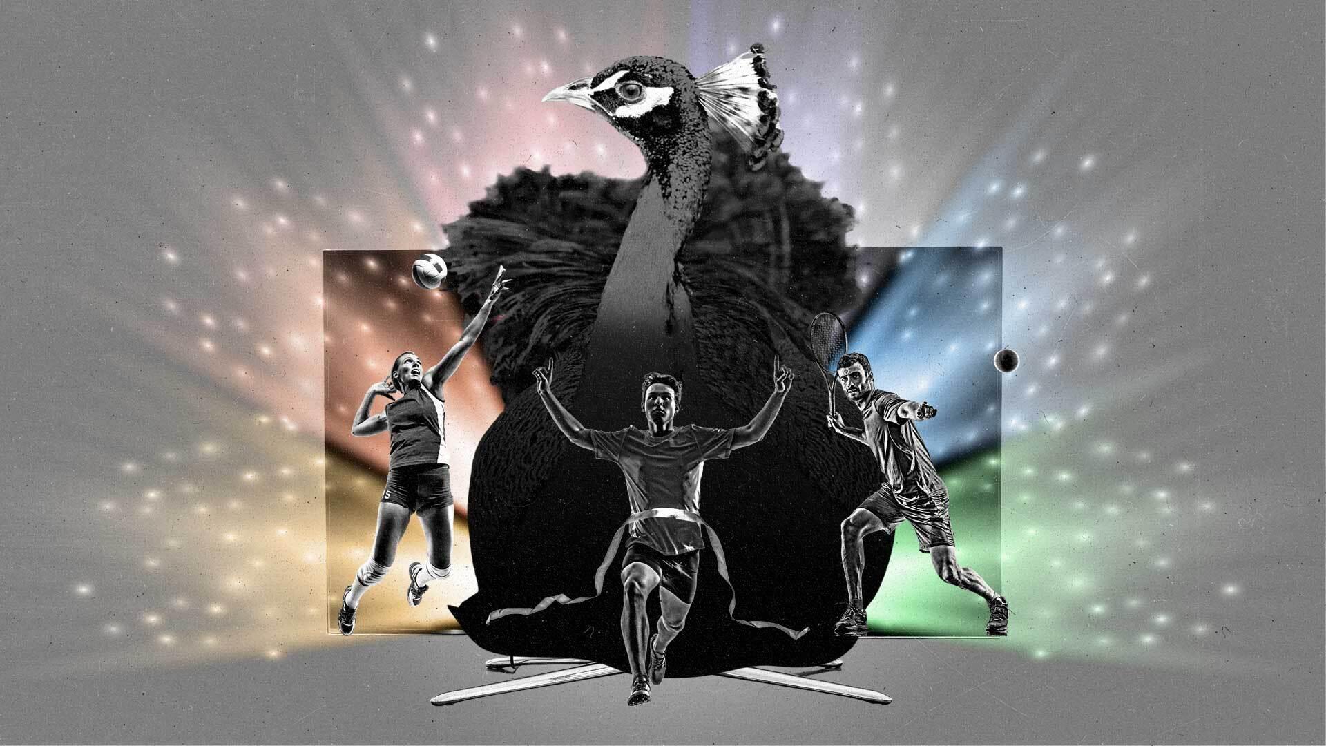 A peacock, runner, a volleyball player, and a tennis player emerge from a TV that's emitting colorful bursts of light.