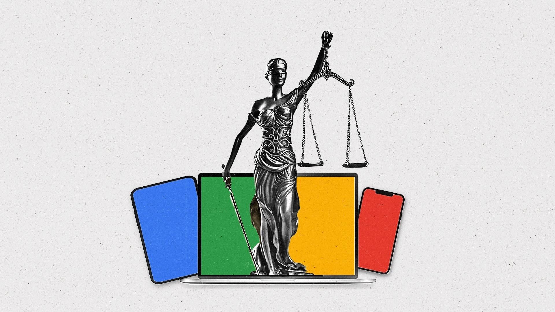 A statue of justice stands inbetween various devices lit with red, yellow, blue and green screens.