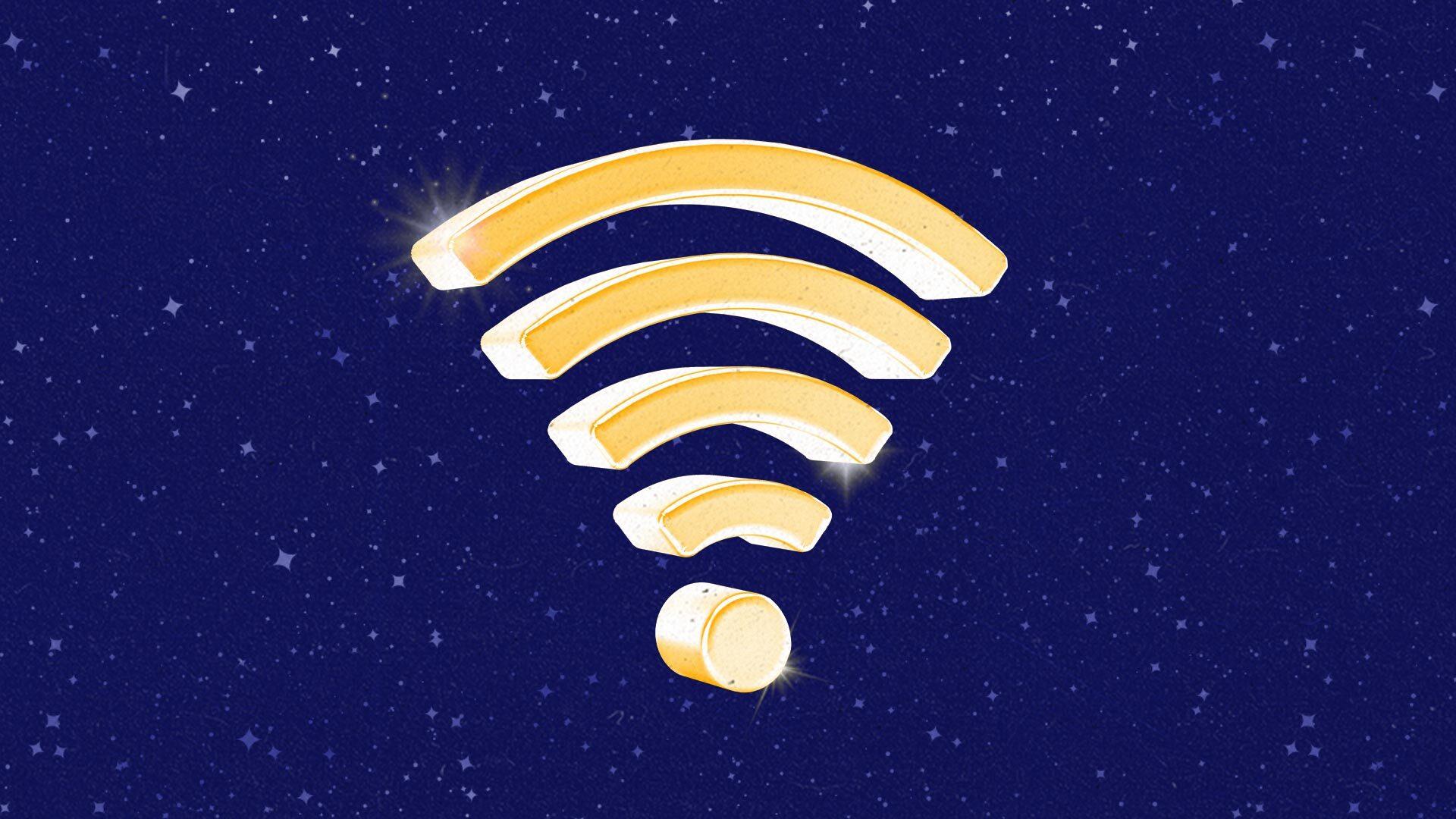 A shiny, golden internet symbol floating in space.