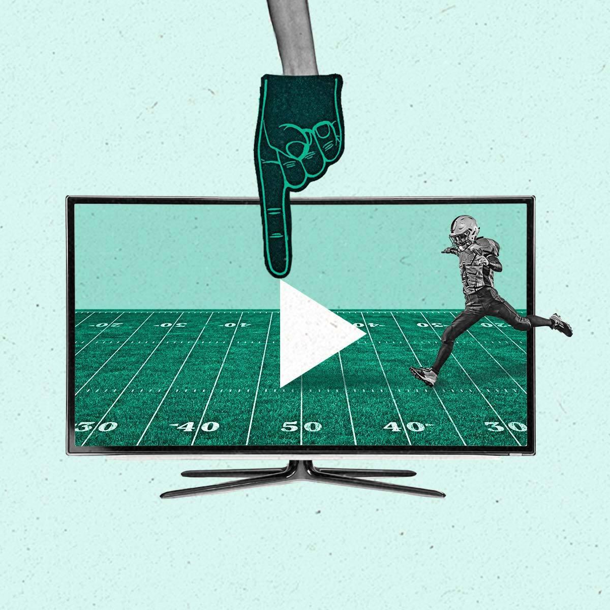 A football player inside a TV screen, preparing to kick a play button.