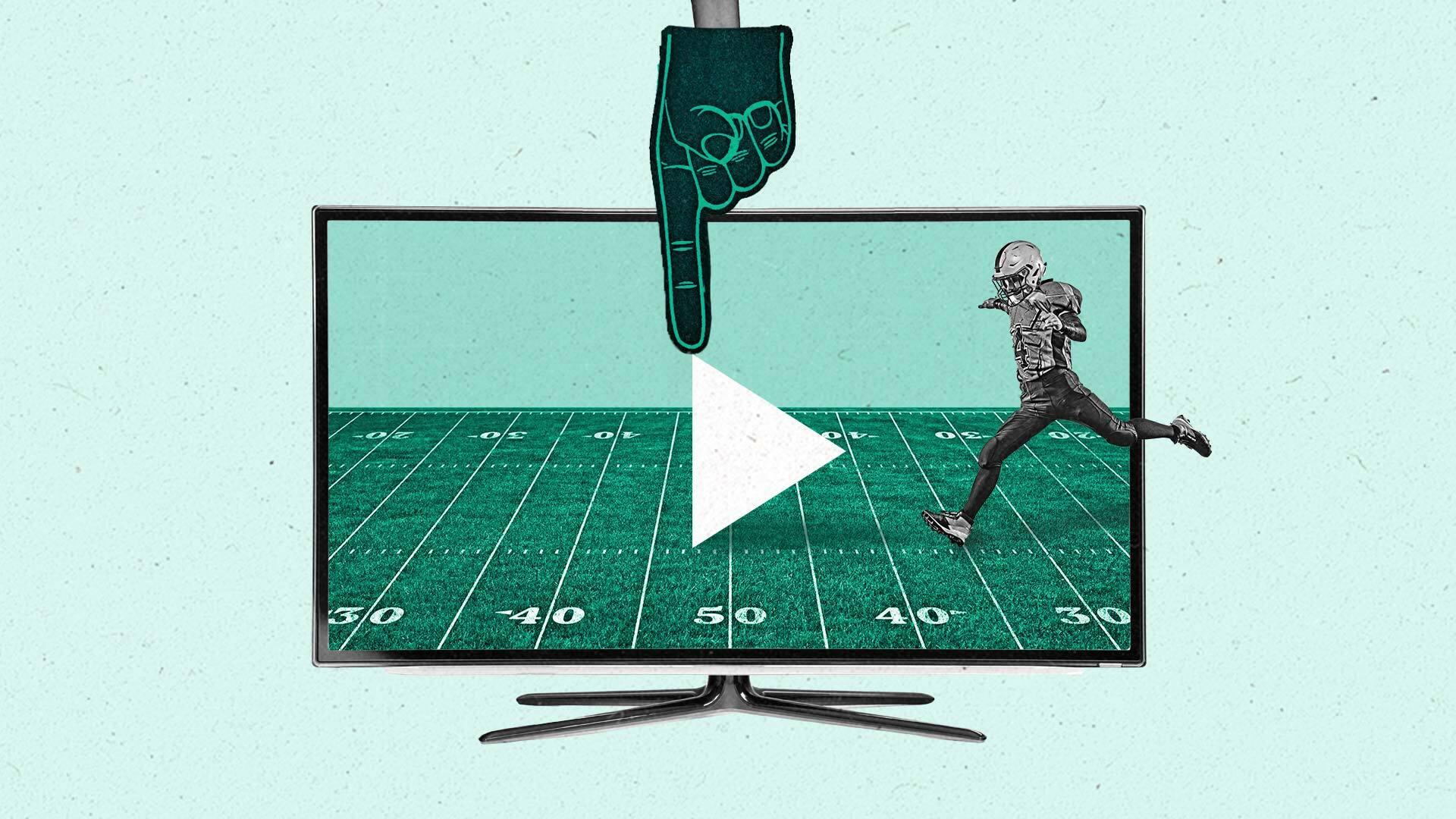 A football player inside a TV screen, preparing to kick a play button.