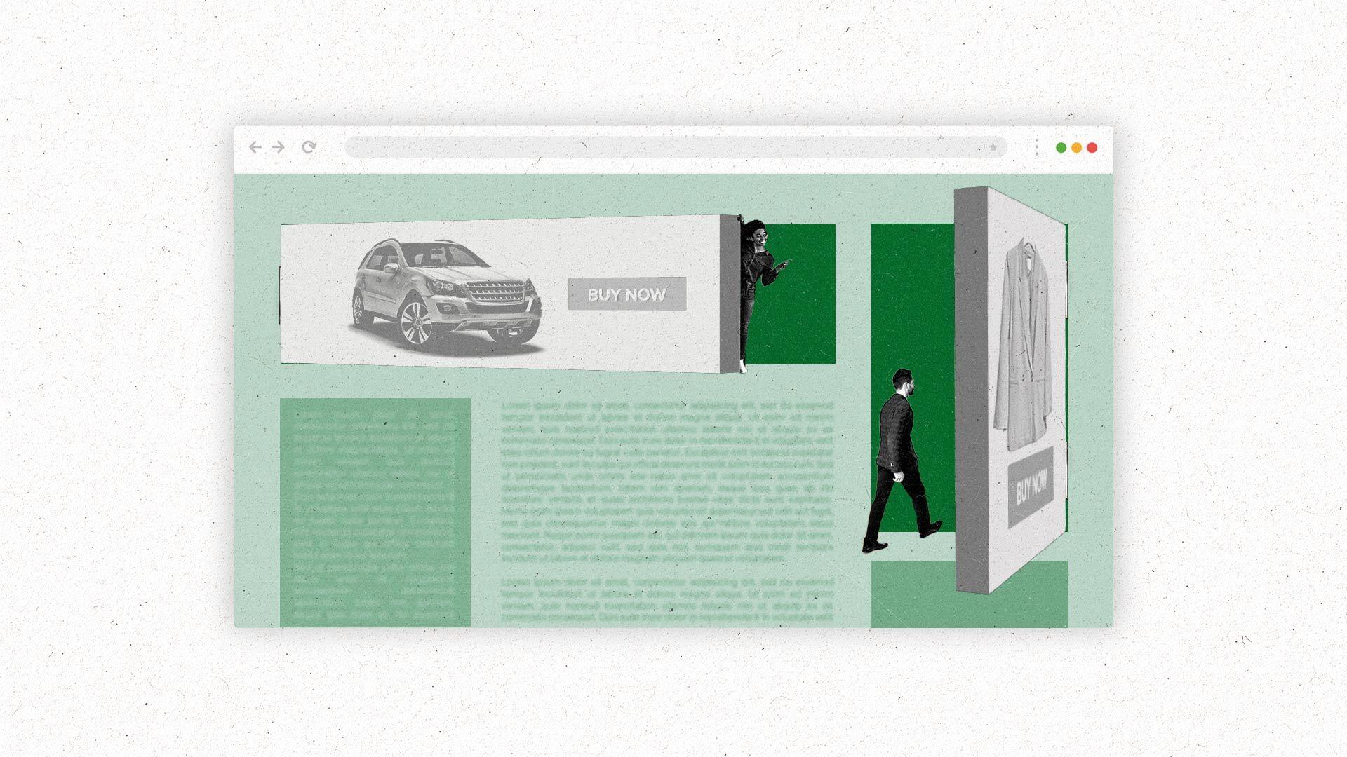 People entering and exiting banner ads in a browser window as if they were doors.