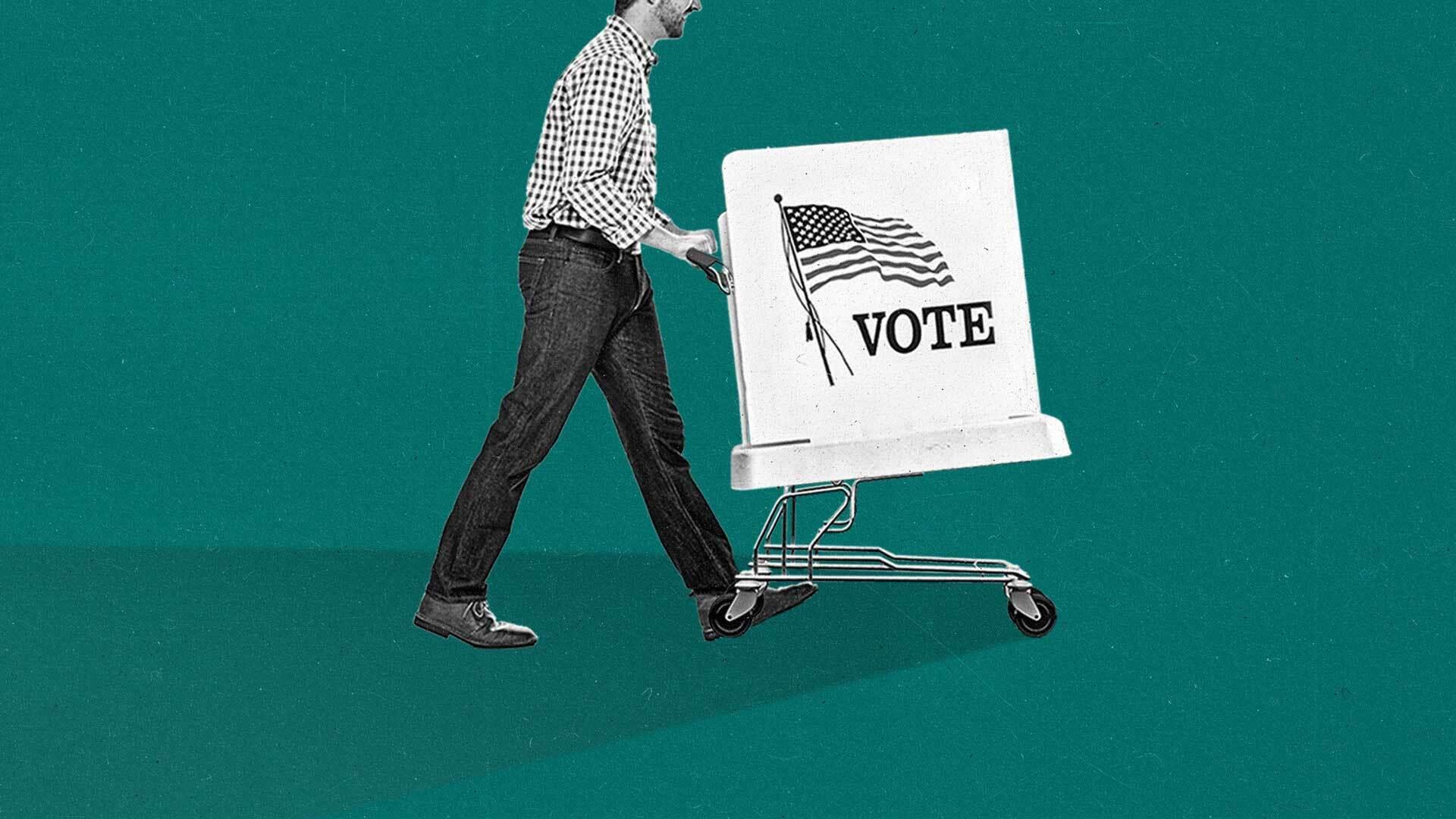 Man pushes shopping cart with a white box that says 'Vote' with an American flag on it.