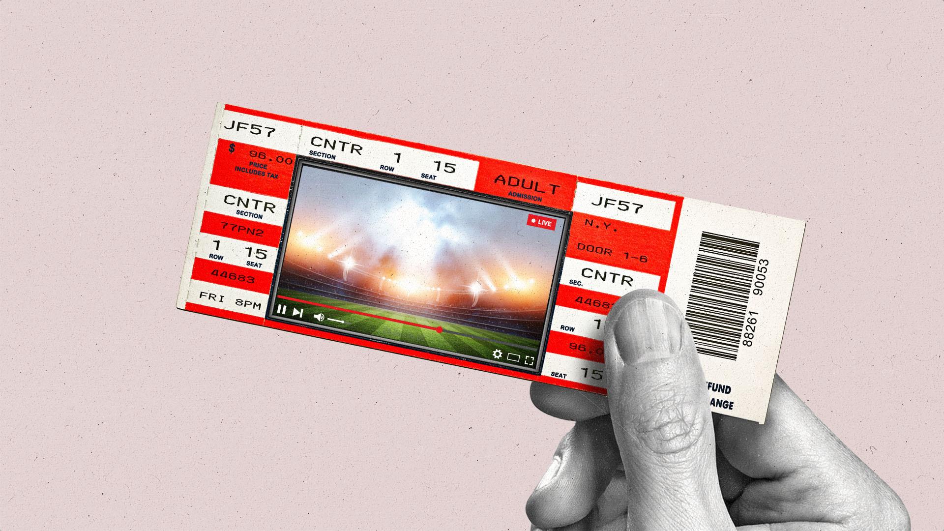 Hand holds a ticket with a live stream of a sports game on it.