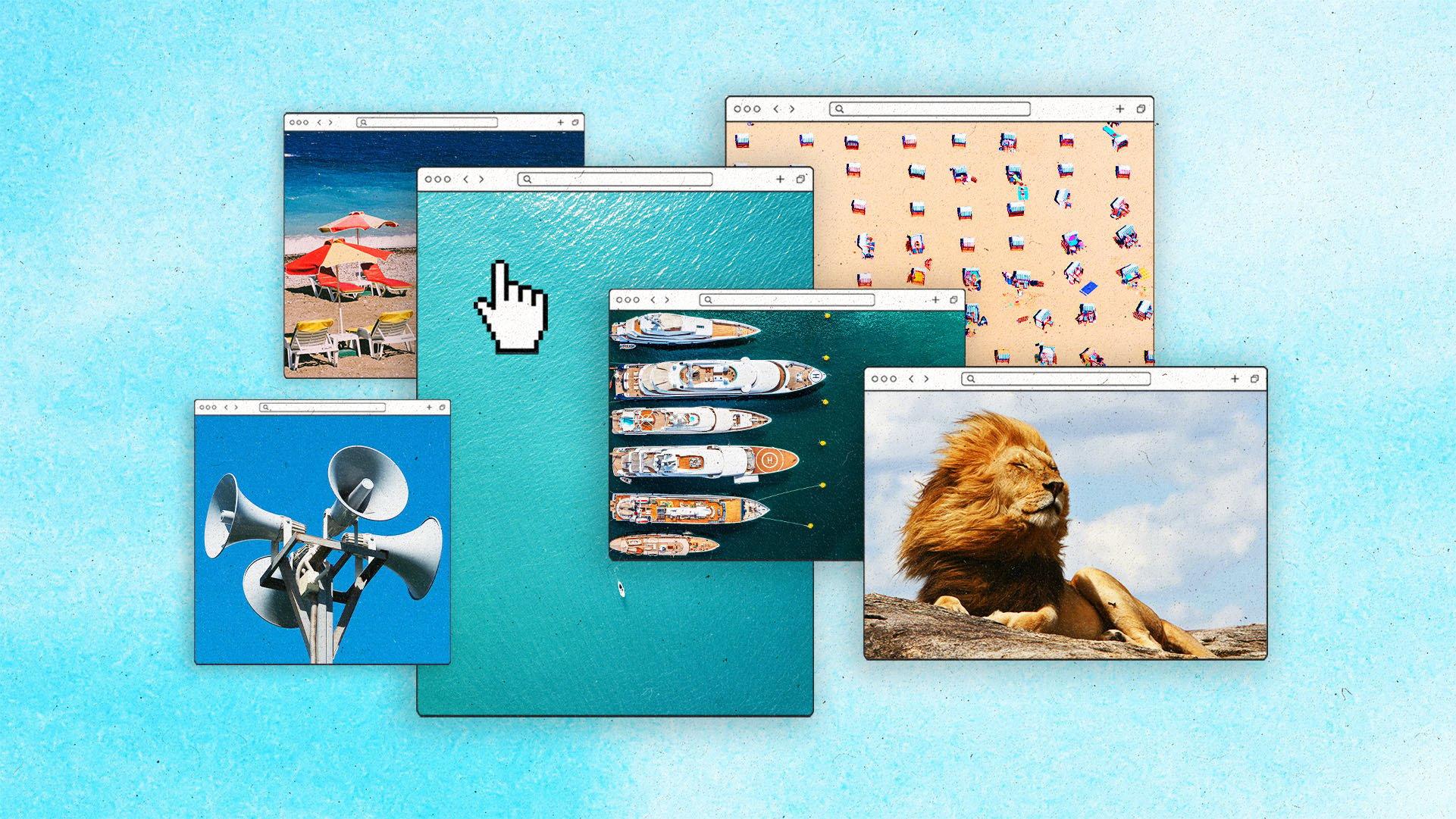 Browser windows layered on top of a blue sky background, windows showing boats, megaphones, the beach and a lion.