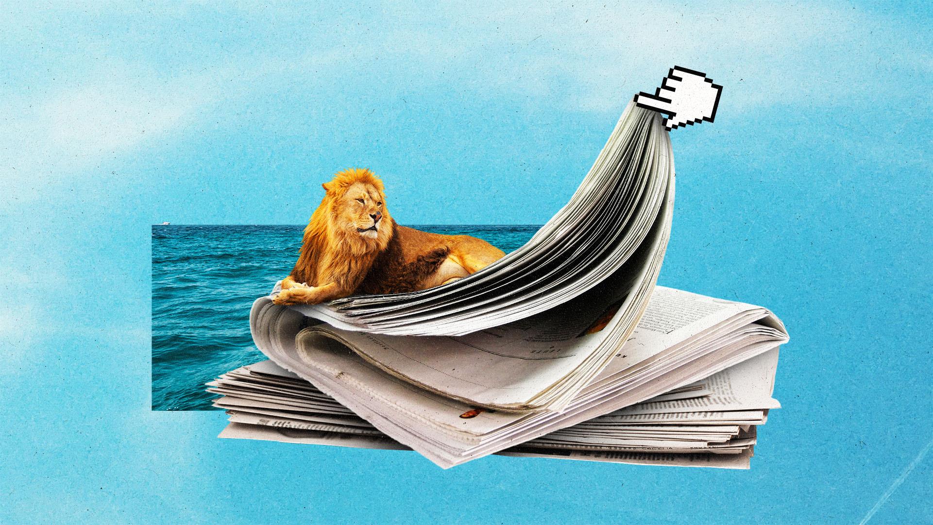 Lion laying on a stack of newspapers with a pixelated cursor hand lifting up the pages.