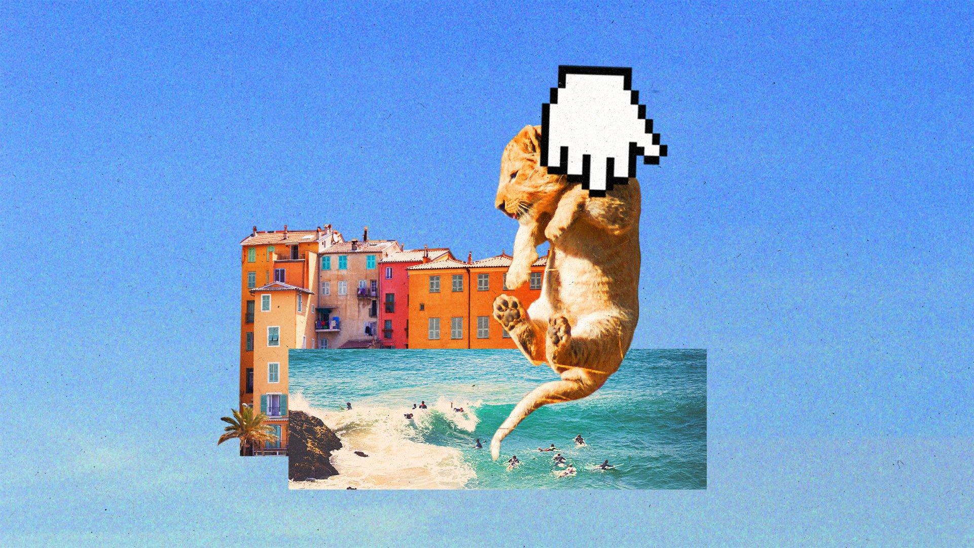 Photo collage of a lion cub being lifted by a pixel cursor hand over ocean and buildings on a blue sky background.