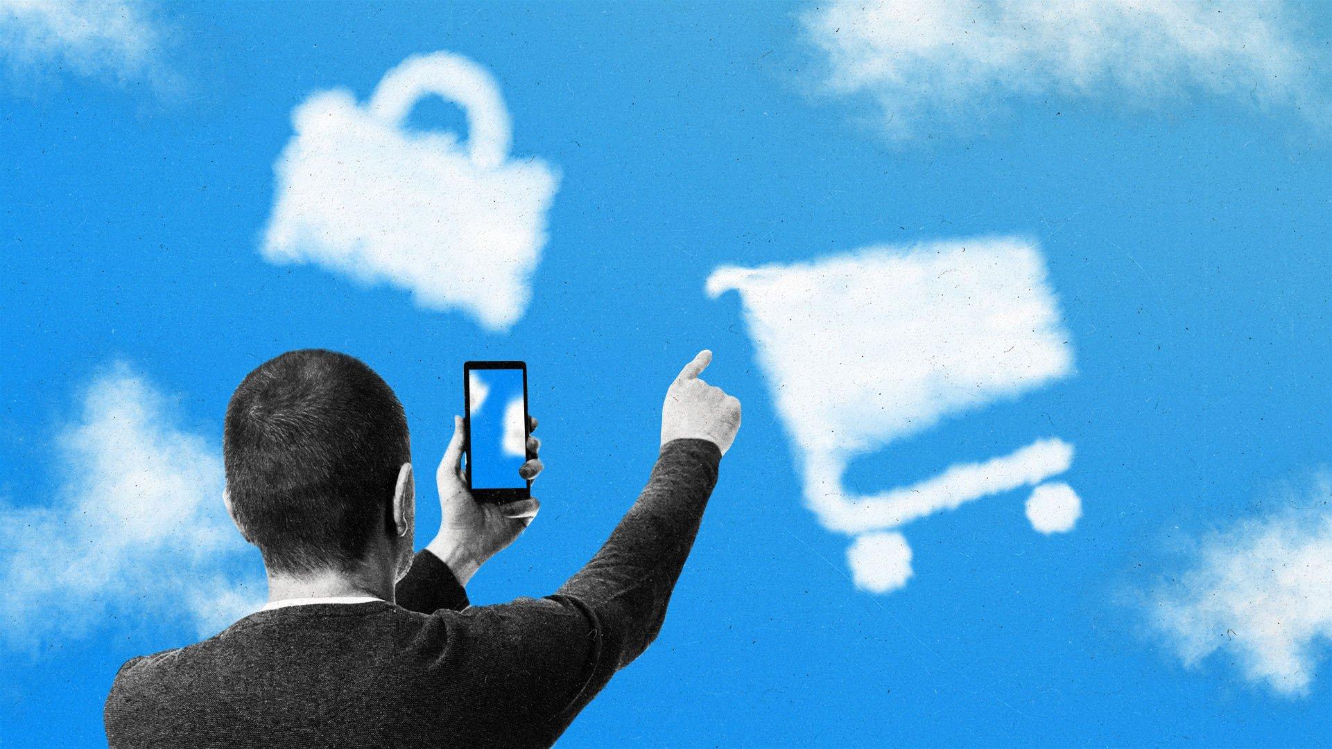 Person shown from behind pointing at the sky, with clouds shaped like a shopping bag and shopping cart.
