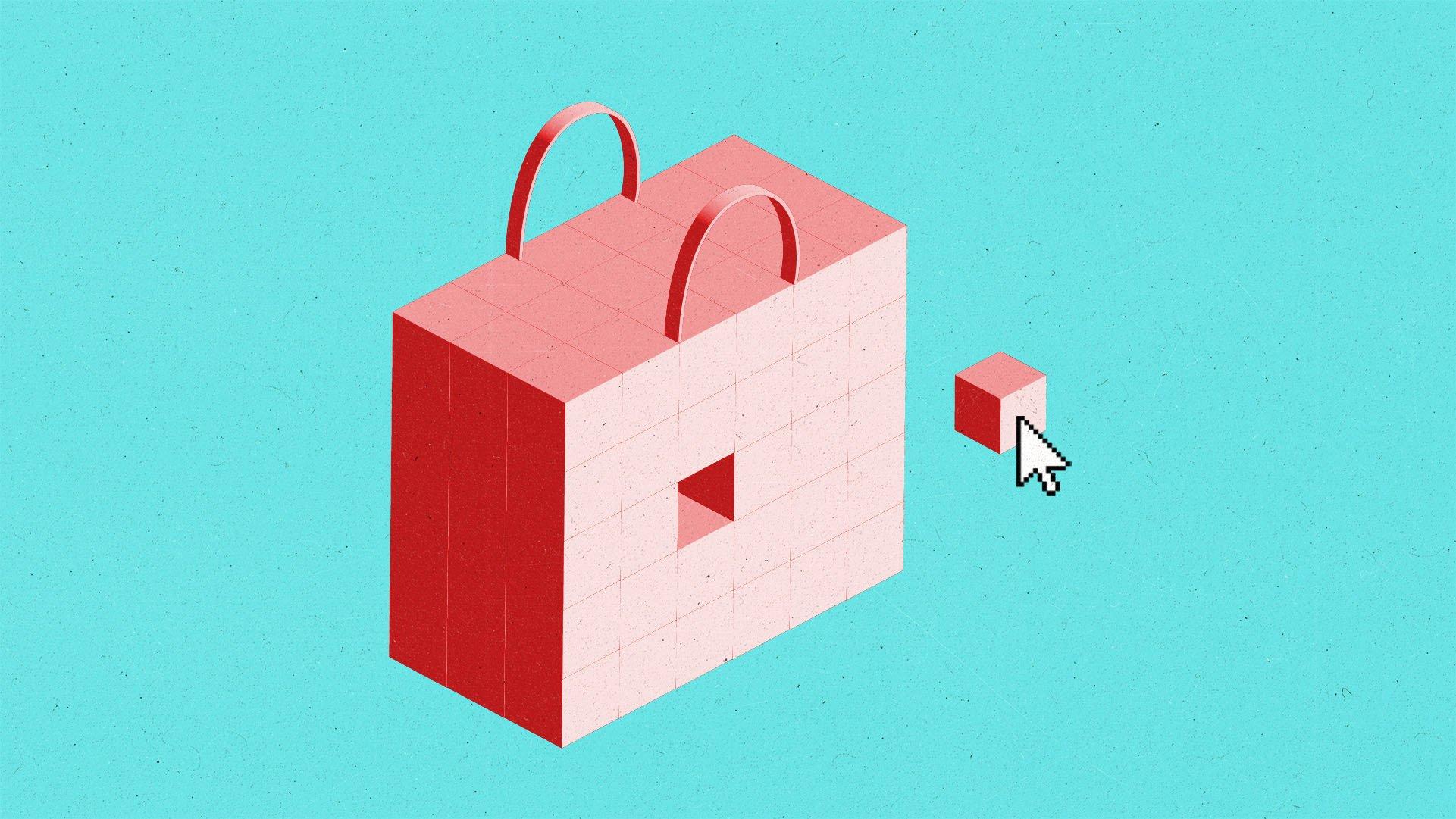 a shopping bag made of isometric blocks with a pixellated cursor pulling a block out of it.