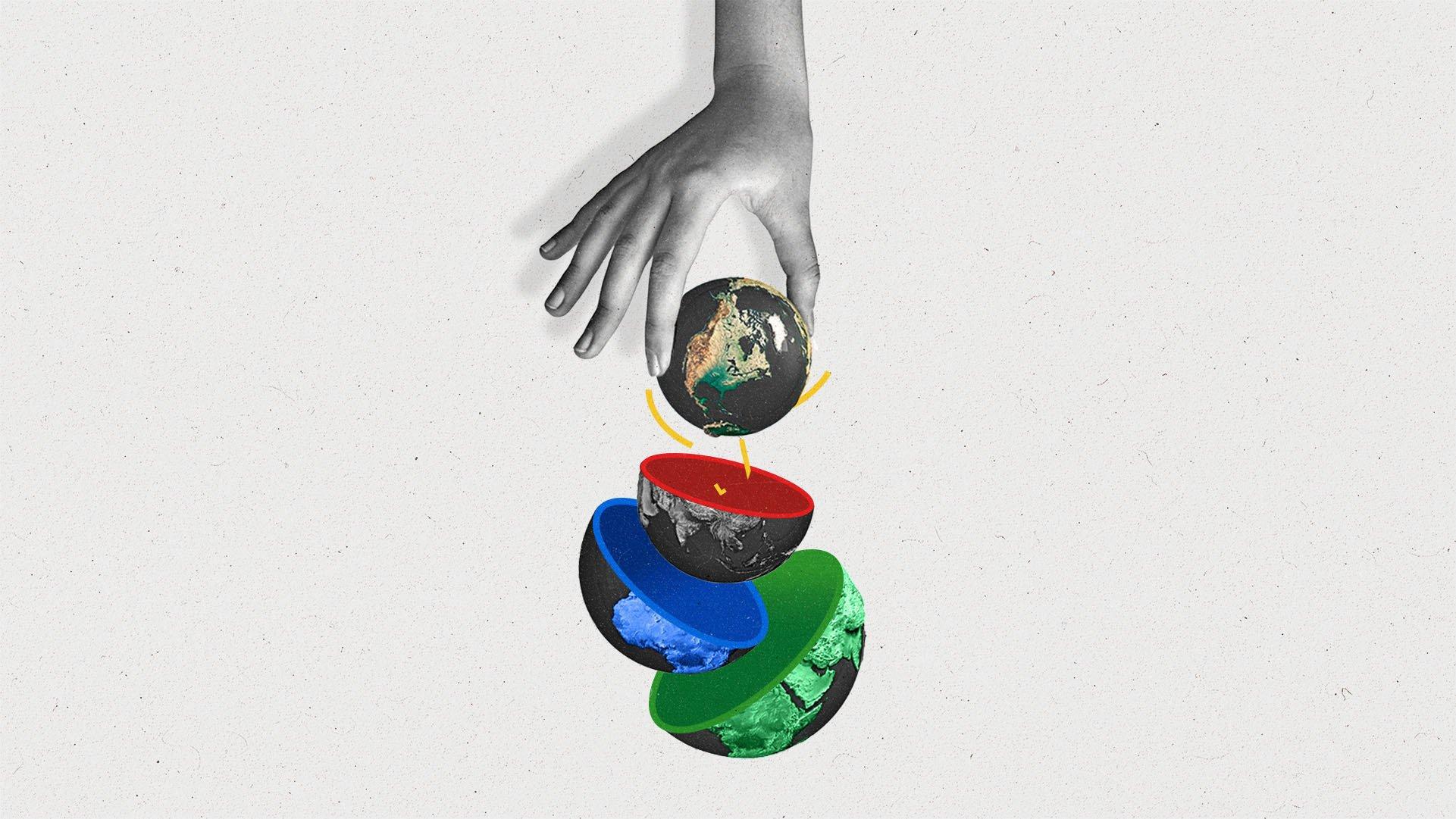 Hand holds a globe with different shells of various colors falling from the globe.