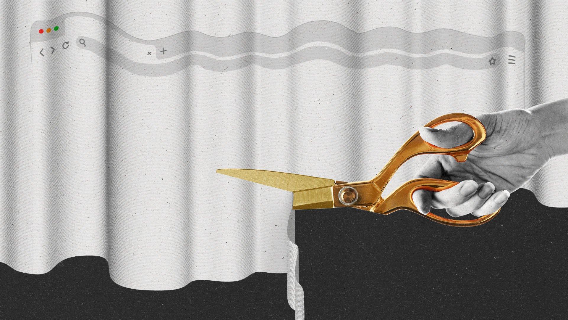 A hand holding gold tailor's shears cuts a piece of fabric with a browser window on it