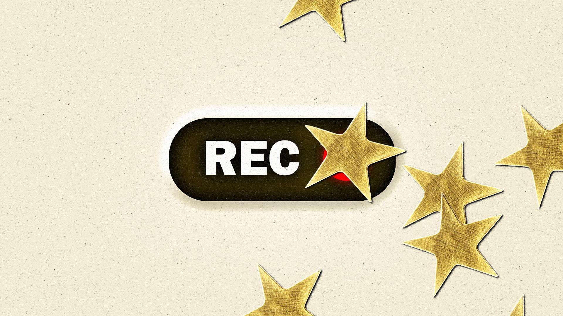 Red recording light covered by multiple gold star stickers.