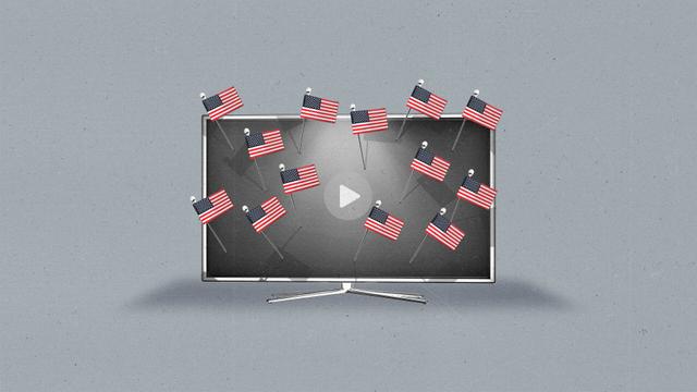 A connected TV features various pins sticking into its screen, with an American flag on each one.