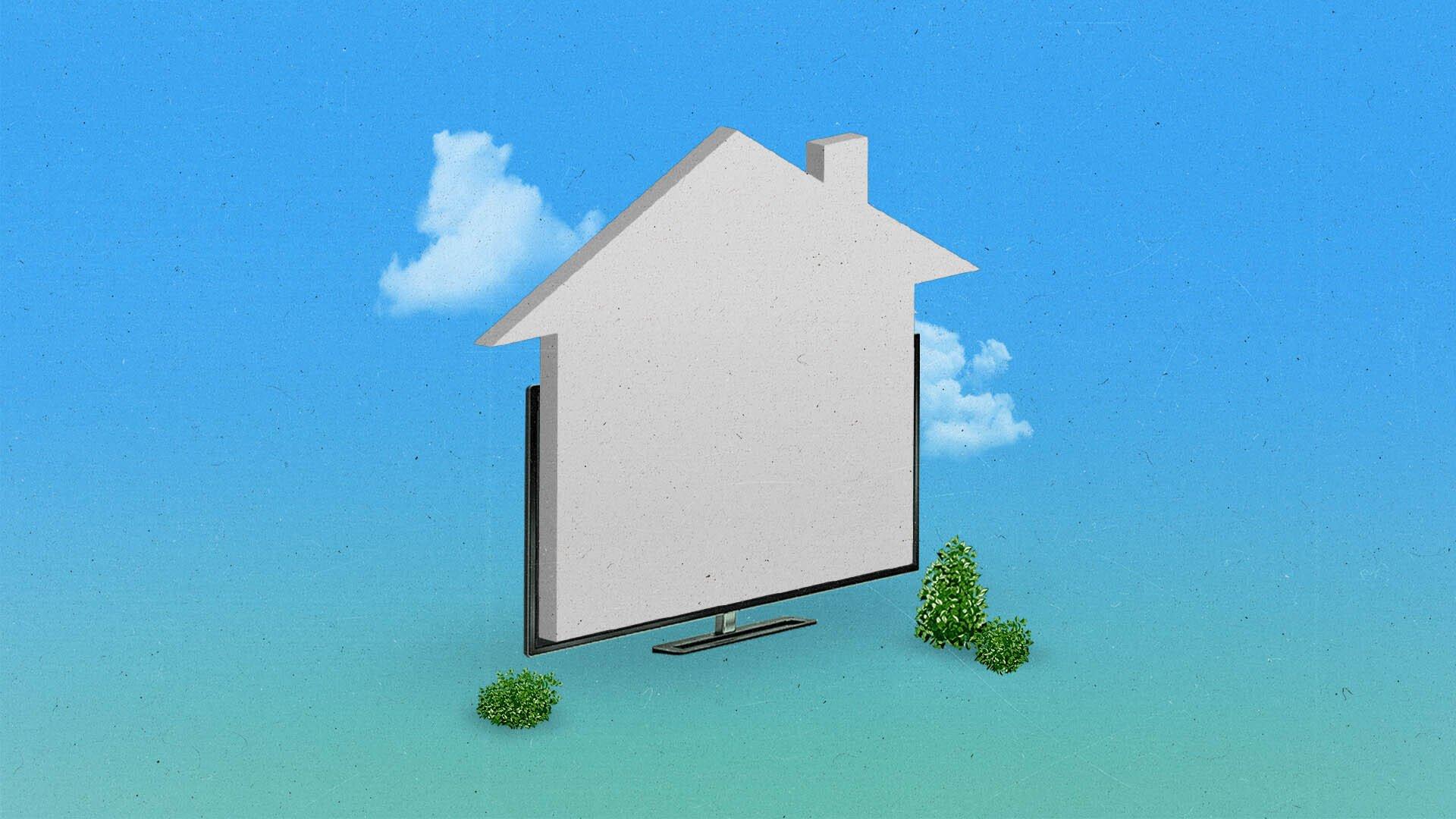 A large upward arrow shaped like a house rises from a connected TV screen.
