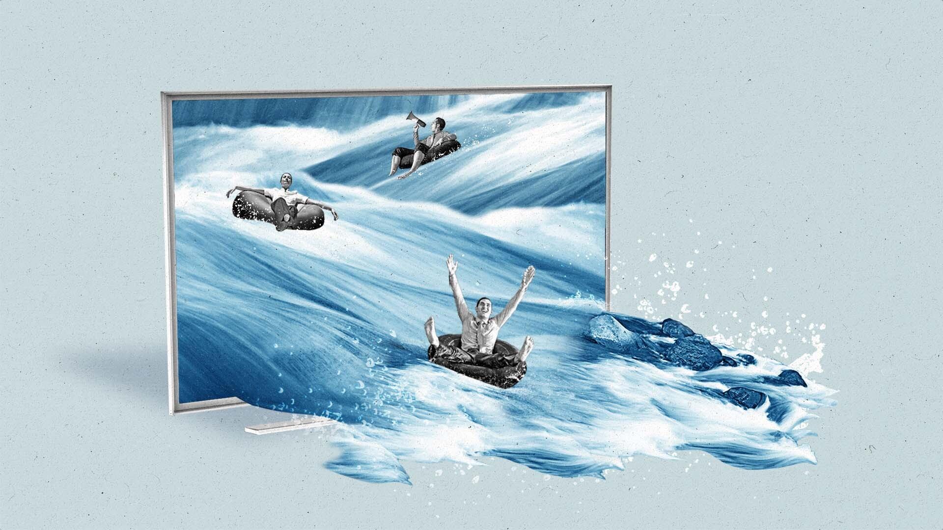 Advertisers on rafts floating on a river emerging from a TV.