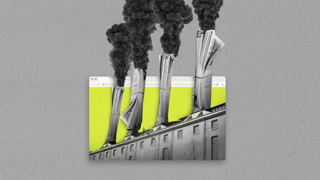 Black smoke coming out of rolled up newspaper smoke stacks, emerging from a bright chartreuse browser window.