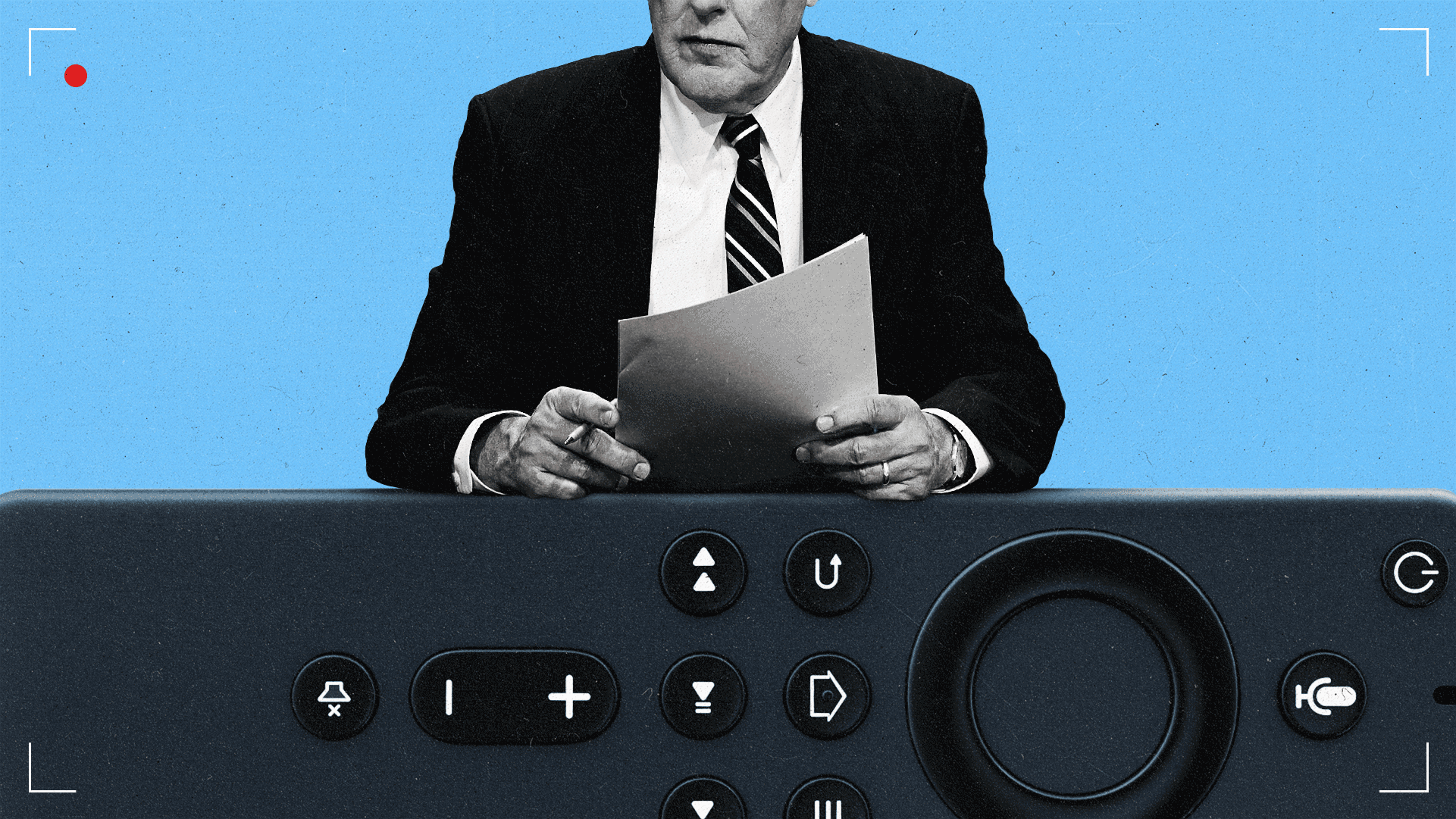 A generic newscaster holding papers presenting from a streaming remote desk.