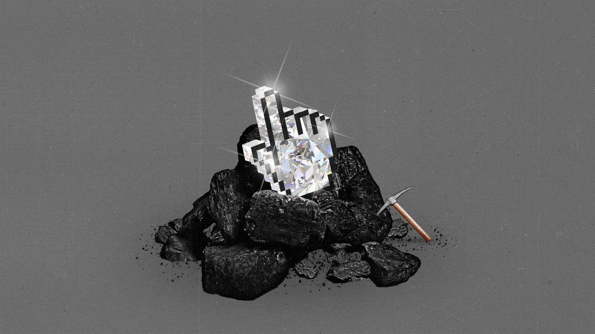 A diamond-shaped finger cursor sits atop a pile of rocks.